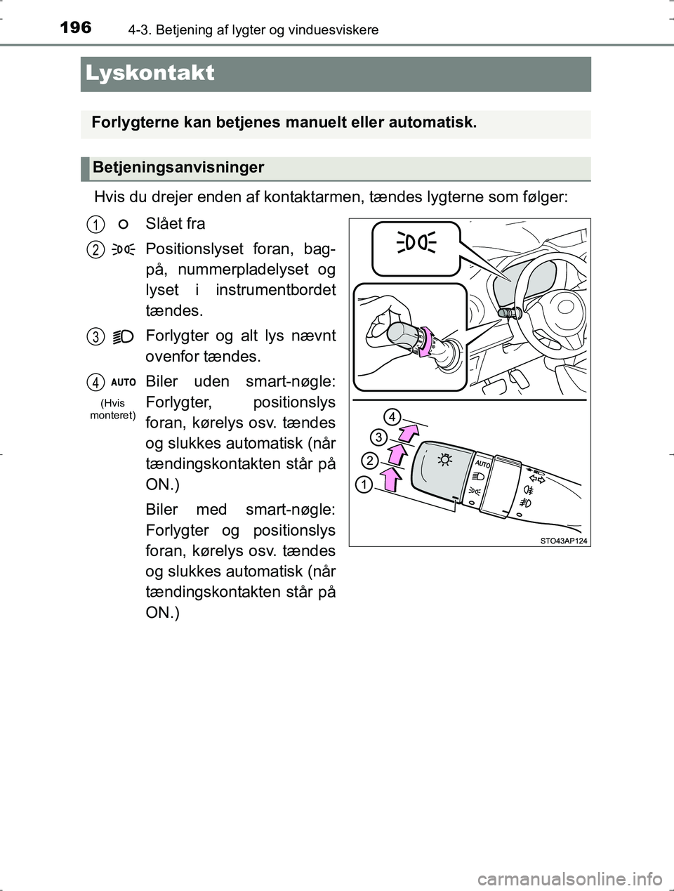 TOYOTA YARIS HYBRID 2016 Brugsanvisning (in Danish) 1964-3. Betjening af lygter og vinduesviskere
OM52J30DK
Lyskontakt
Hvis du drejer enden af kontaktarmen, tændes lygterne som følger:
Slået fra
Positionslyset foran, bag-
på, nummerpladelyset og
ly TOYOTA YARIS HYBRID 2016 Brugsanvisning (in Danish) 1964-3. Betjening af lygter og vinduesviskere
OM52J30DK
Lyskontakt
Hvis du drejer enden af kontaktarmen, tændes lygterne som følger:
Slået fra
Positionslyset foran, bag-
på, nummerpladelyset og
ly