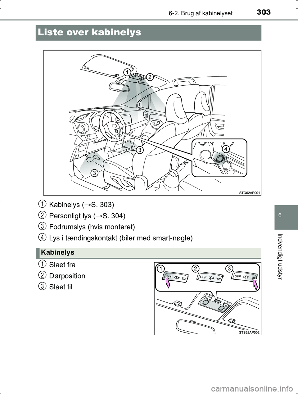 TOYOTA YARIS HYBRID 2016  Brugsanvisning (in Danish) 3036-2. Brug af kabinelyset
6
Indvendigt udstyr
OM52J30DK
Liste over kabinelys
Slået fra
Dørposition
Slået til
Kabinelys (S. 303)
Personligt lys ( S. 304)
Fodrumslys (hvis monteret)
Lys i tæ