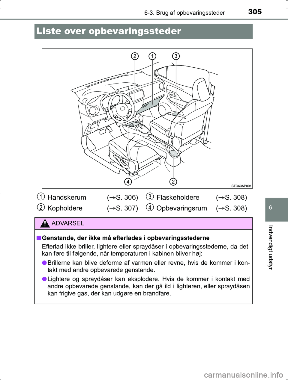TOYOTA YARIS HYBRID 2016  Brugsanvisning (in Danish) 3056-3. Brug af opbevaringssteder
6
Indvendigt udstyr
OM52J30DK
Liste over opbevaringssteder
Handskerum  (S. 306)
Kopholdere ( S. 307) Flaskeholdere (
S. 308)
Opbevaringsrum ( S. 308)
ADVA