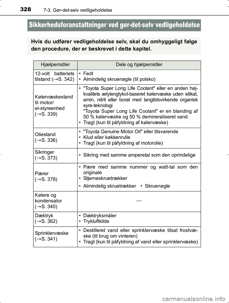 TOYOTA YARIS HYBRID 2016  Brugsanvisning (in Danish) 3287-3. Gør-det-selv vedligeholdelse
OM52J30DK
Sikkerhedsforanstaltninger ved gør-det-selv vedligeholdelse
Hvis du udfører vedligeholdelse selv, skal du omhyggeligt følge
den procedure, der er bes
