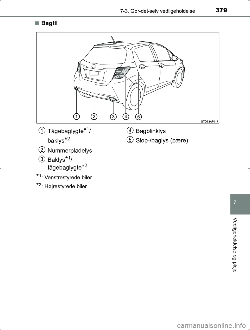 TOYOTA YARIS HYBRID 2016  Brugsanvisning (in Danish) 3797-3. Gør-det-selv vedligeholdelse
7
Vedligeholdelse og pleje
OM52J30DKn
Bagtil
*1: Venstrestyrede biler
*2: Højrestyrede biler
Tågebaglygte*1/
baklys
*2
Nummerpladelys
Baklys
*1/
tågebaglygte
*