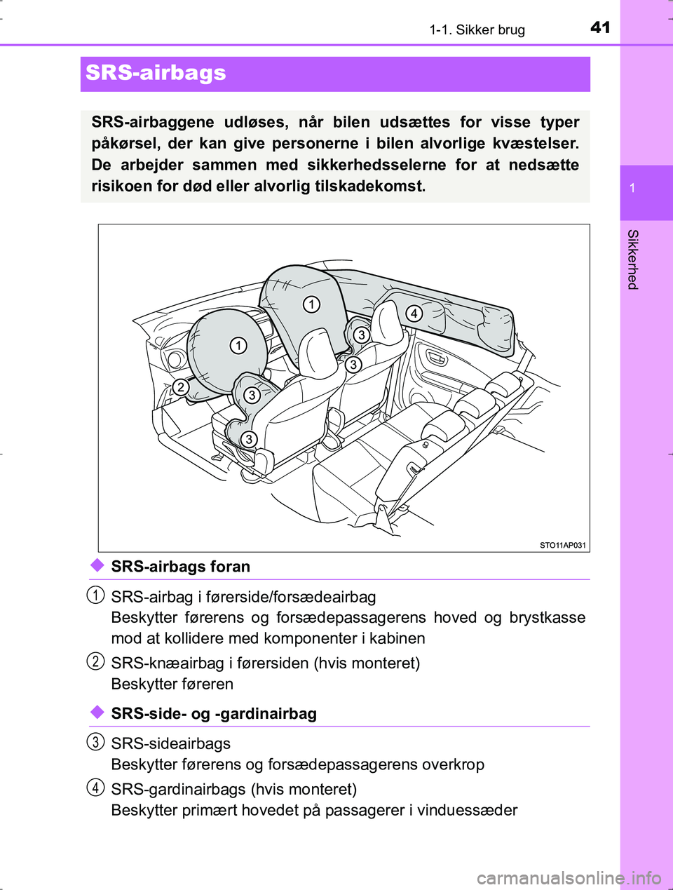 TOYOTA YARIS HYBRID 2017 Brugsanvisning (in Danish) 411-1. Sikker brug
1
Sikkerhed
OM52J30DK
SRS-airbags
uSRS-airbags foran
SRS-airbag i førerside/forsædeairbag
Beskytter førerens og forsædepassagerens hoved og brystkasse
mod at kollidere med komp TOYOTA YARIS HYBRID 2017 Brugsanvisning (in Danish) 411-1. Sikker brug
1
Sikkerhed
OM52J30DK
SRS-airbags
uSRS-airbags foran
SRS-airbag i førerside/forsædeairbag
Beskytter førerens og forsædepassagerens hoved og brystkasse
mod at kollidere med komp