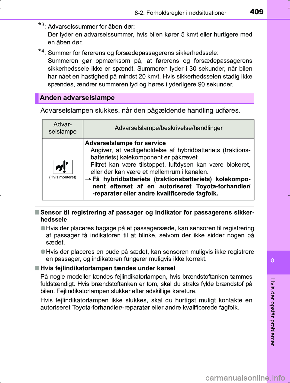 TOYOTA YARIS HYBRID 2016 Brugsanvisning (in Danish) 4098-2. Forholdsregler i nødsituationer
8
Hvis der opstår problemer
OM52J30DK
*3: Advarselssummer for åben dør: Der lyder en advarselssummer, hvis bilen kører 5 km/t eller hurtigere med
en åben TOYOTA YARIS HYBRID 2016 Brugsanvisning (in Danish) 4098-2. Forholdsregler i nødsituationer
8
Hvis der opstår problemer
OM52J30DK
*3: Advarselssummer for åben dør: Der lyder en advarselssummer, hvis bilen kører 5 km/t eller hurtigere med
en åben