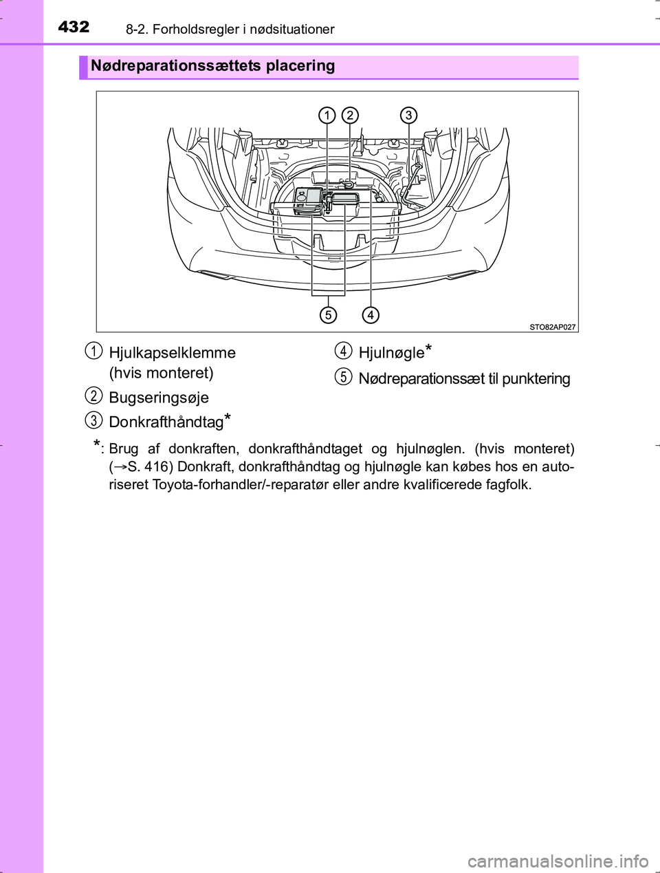 TOYOTA YARIS HYBRID 2016  Brugsanvisning (in Danish) 4328-2. Forholdsregler i nødsituationer
OM52J30DK
*: Brug af donkraften, donkrafthåndtaget og hjulnøglen. (hvis monteret)(S. 416) Donkraft, donkrafthåndtag og hjulnøgle kan købes hos en auto-
