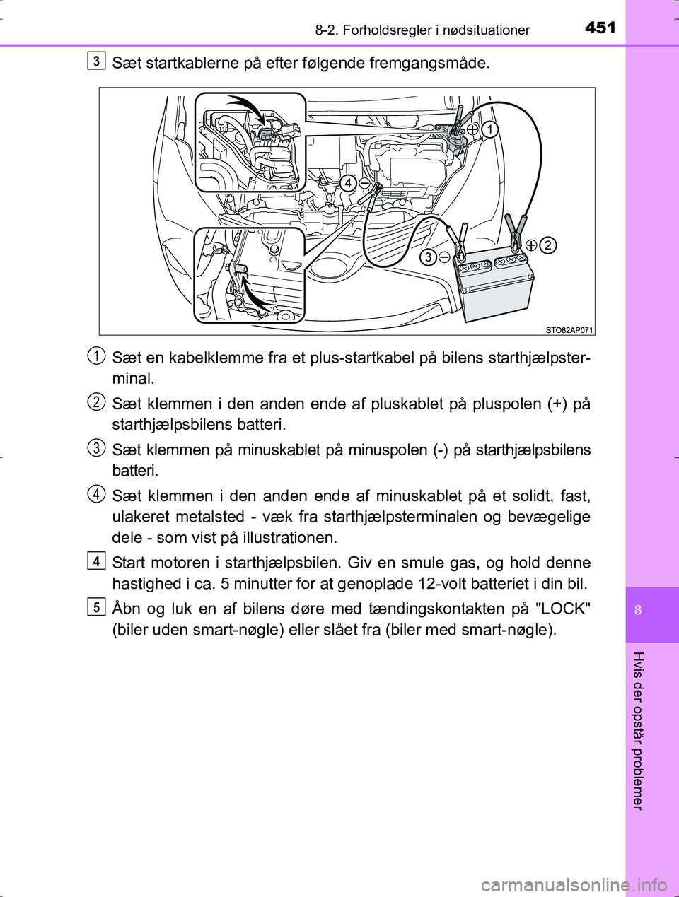 TOYOTA YARIS HYBRID 2016  Brugsanvisning (in Danish) 4518-2. Forholdsregler i nødsituationer
8
Hvis der opstår problemer
OM52J30DK
Sæt startkablerne på efter følgende fremgangsmåde.
Sæt en kabelklemme fra et plus-startkabel på bilens starthjælp