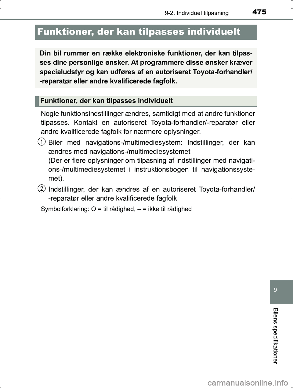 TOYOTA YARIS HYBRID 2016  Brugsanvisning (in Danish) 4759-2. Individuel tilpasning
9
Bilens specifikationer
OM52J30DK
Funktioner, der kan tilpasses individuelt
Nogle funktionsindstillinger ændres,  samtidigt med at andre funktioner
tilpasses. Kontakt e