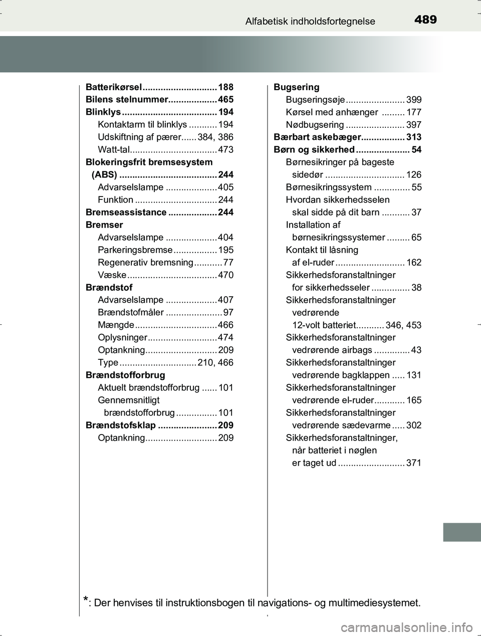 TOYOTA YARIS HYBRID 2016  Brugsanvisning (in Danish) 489Alfabetisk indholdsfortegnelse
OM52J30DK
Batterikørsel ............................. 188
Bilens stelnummer................... 465
Blinklys ..................................... 194Kontaktarm til b