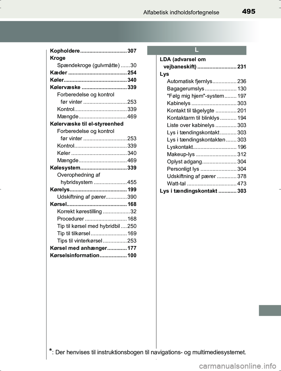 TOYOTA YARIS HYBRID 2016  Brugsanvisning (in Danish) 495Alfabetisk indholdsfortegnelse
OM52J30DK
Kopholdere ............................... 307
KrogeSpændekroge (gulvmåtte) ...... 30
Kæder ....................................... 254
Køler...........