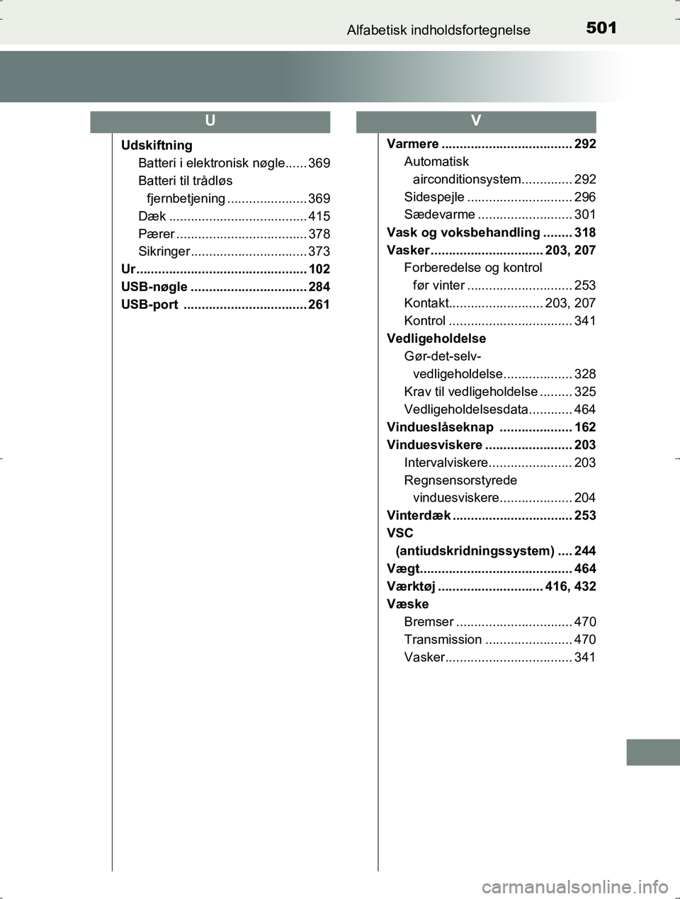 TOYOTA YARIS HYBRID 2016 Brugsanvisning (in Danish) 501Alfabetisk indholdsfortegnelse
OM52J30DK
UdskiftningBatteri i elektronisk nøgle...... 369
Batteri til trådløs fjernbetjening ...................... 369
Dæk ..................................... TOYOTA YARIS HYBRID 2016 Brugsanvisning (in Danish) 501Alfabetisk indholdsfortegnelse
OM52J30DK
UdskiftningBatteri i elektronisk nøgle...... 369
Batteri til trådløs fjernbetjening ...................... 369
Dæk .....................................