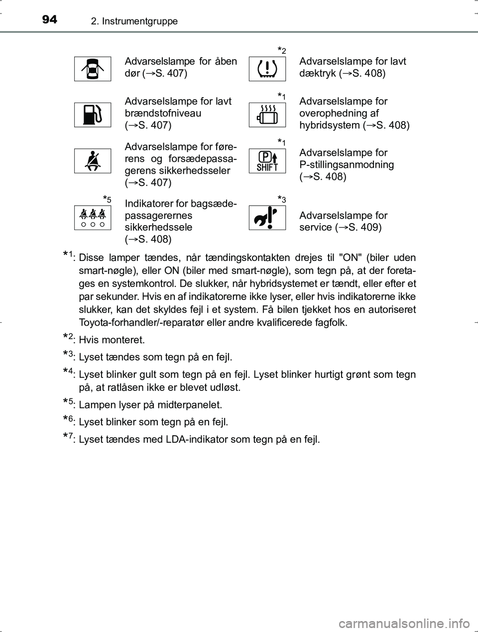 TOYOTA YARIS HYBRID 2016  Brugsanvisning (in Danish) 942. Instrumentgruppe
OM52J30DK
*1: Disse lamper tændes, når tændingskontakten drejes til "ON" (biler udensmart-nøgle), eller ON (biler med smart-nøgle), som tegn på, at der foreta-
ges en syste