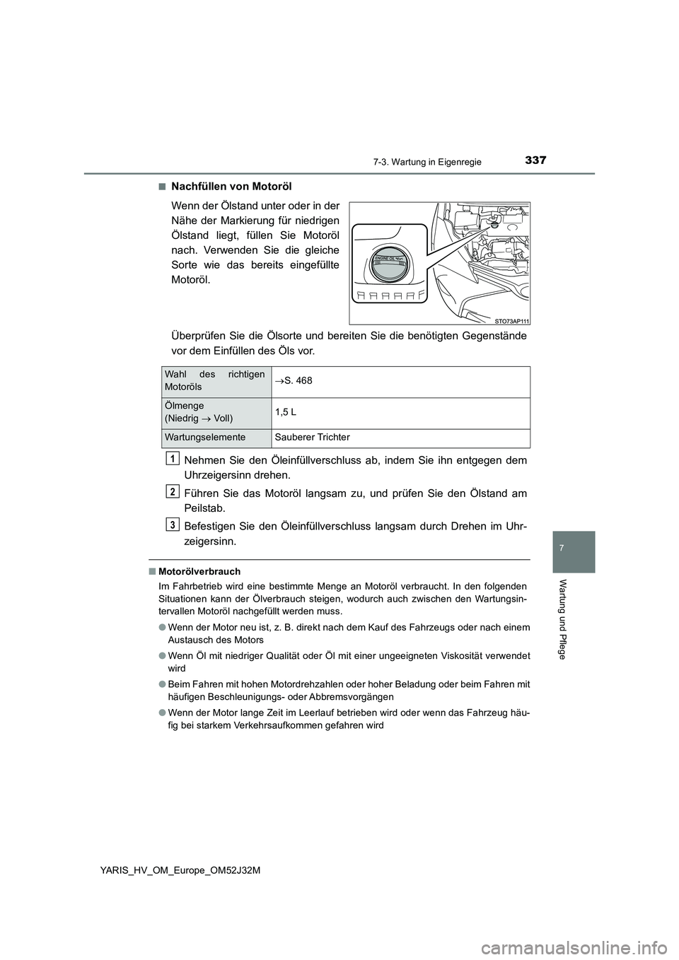 TOYOTA YARIS HYBRID 2017 Betriebsanleitungen (in German) 3377-3. Wartung in Eigenregie
7
Wartung und Pflege
YARIS_HV_OM_Europe_OM52J32M
■Nachfüllen von Motoröl
Wenn der Ölstand unter oder in der
Nähe der Markierung für niedrigen
Ölstand liegt, f TOYOTA YARIS HYBRID 2017 Betriebsanleitungen (in German) 3377-3. Wartung in Eigenregie
7
Wartung und Pflege
YARIS_HV_OM_Europe_OM52J32M
■Nachfüllen von Motoröl
Wenn der Ölstand unter oder in der
Nähe der Markierung für niedrigen
Ölstand liegt, f
