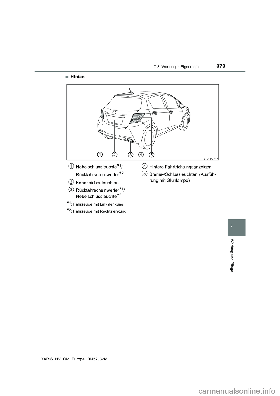 TOYOTA YARIS HYBRID 2017 Betriebsanleitungen (in German) 3797-3. Wartung in Eigenregie
7
Wartung und Pflege
YARIS_HV_OM_Europe_OM52J32M
■Hinten
*1: Fahrzeuge mit Linkslenkung
*2: Fahrzeuge mit Rechtslenkung
Nebelschlussleuchte*1/
Rückfahrscheinwerfer*2 TOYOTA YARIS HYBRID 2017 Betriebsanleitungen (in German) 3797-3. Wartung in Eigenregie
7
Wartung und Pflege
YARIS_HV_OM_Europe_OM52J32M
■Hinten
*1: Fahrzeuge mit Linkslenkung
*2: Fahrzeuge mit Rechtslenkung
Nebelschlussleuchte*1/
Rückfahrscheinwerfer*2