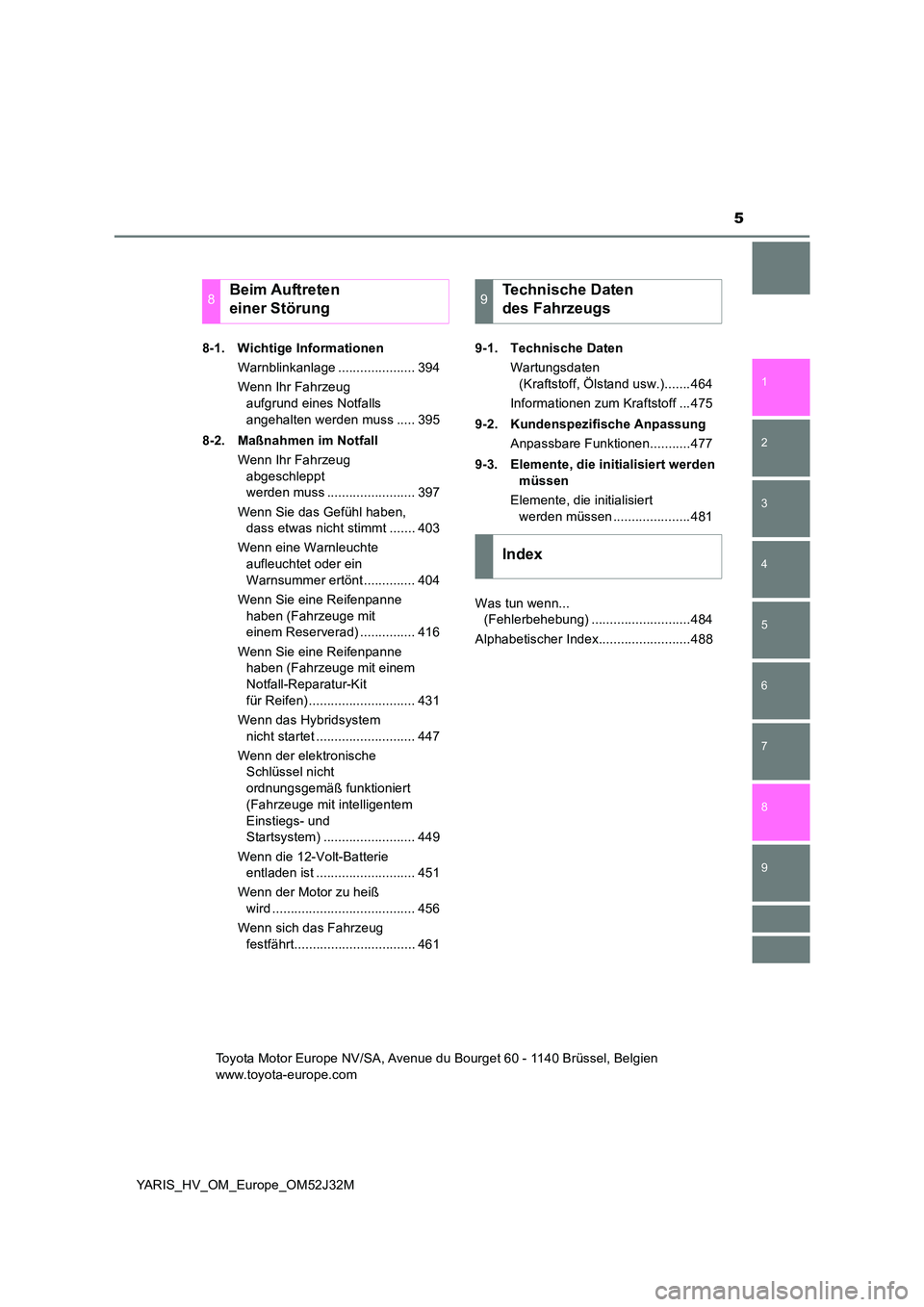 TOYOTA YARIS HYBRID 2017  Betriebsanleitungen (in German) 5
1 
7 
8 
6 
5
4
3
2
9
YARIS_HV_OM_Europe_OM52J32M 
8-1. Wichtige Informationen 
Warnblinkanlage ..................... 394 
Wenn Ihr Fahrzeug  
aufgrund eines Notfalls  
angehalten werden muss ..... 