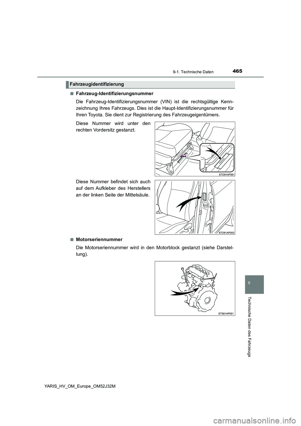TOYOTA YARIS HYBRID 2017 Betriebsanleitungen (in German) 4659-1. Technische Daten
9
Technische Daten des Fahrzeugs
YARIS_HV_OM_Europe_OM52J32M
■Fahrzeug-Identifizierungsnummer
Die Fahrzeug-Identifizierungsnummer (VIN) ist die rechtsgültige Kenn-
zeich TOYOTA YARIS HYBRID 2017 Betriebsanleitungen (in German) 4659-1. Technische Daten
9
Technische Daten des Fahrzeugs
YARIS_HV_OM_Europe_OM52J32M
■Fahrzeug-Identifizierungsnummer
Die Fahrzeug-Identifizierungsnummer (VIN) ist die rechtsgültige Kenn-
zeich