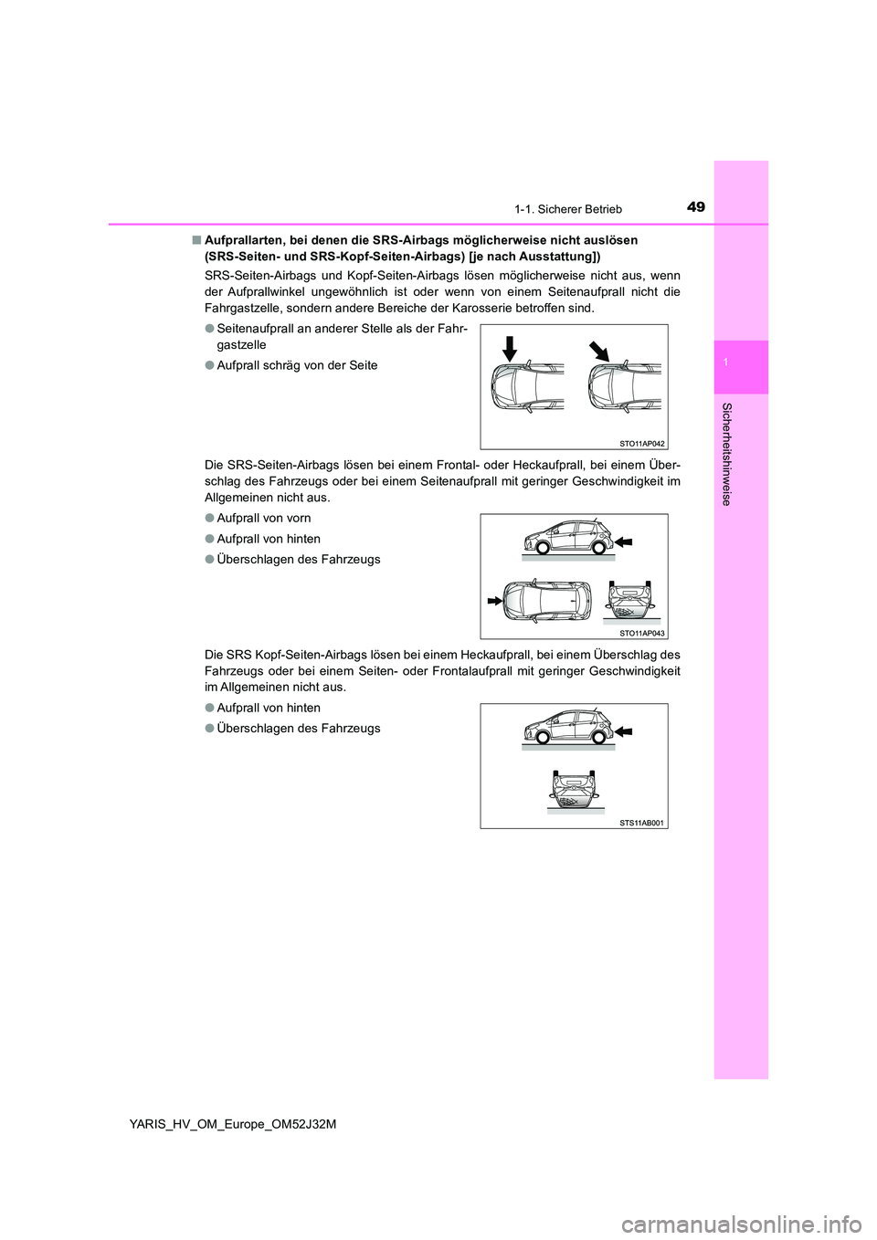TOYOTA YARIS HYBRID 2017  Betriebsanleitungen (in German) 491-1. Sicherer Betrieb
1
Sicherheitshinweise
YARIS_HV_OM_Europe_OM52J32M 
■ Aufprallarten, bei denen die SRS-Airbags möglicherweise nicht auslösen  
(SRS-Seiten- und SRS-Kopf-Seiten-Airbags) [je 