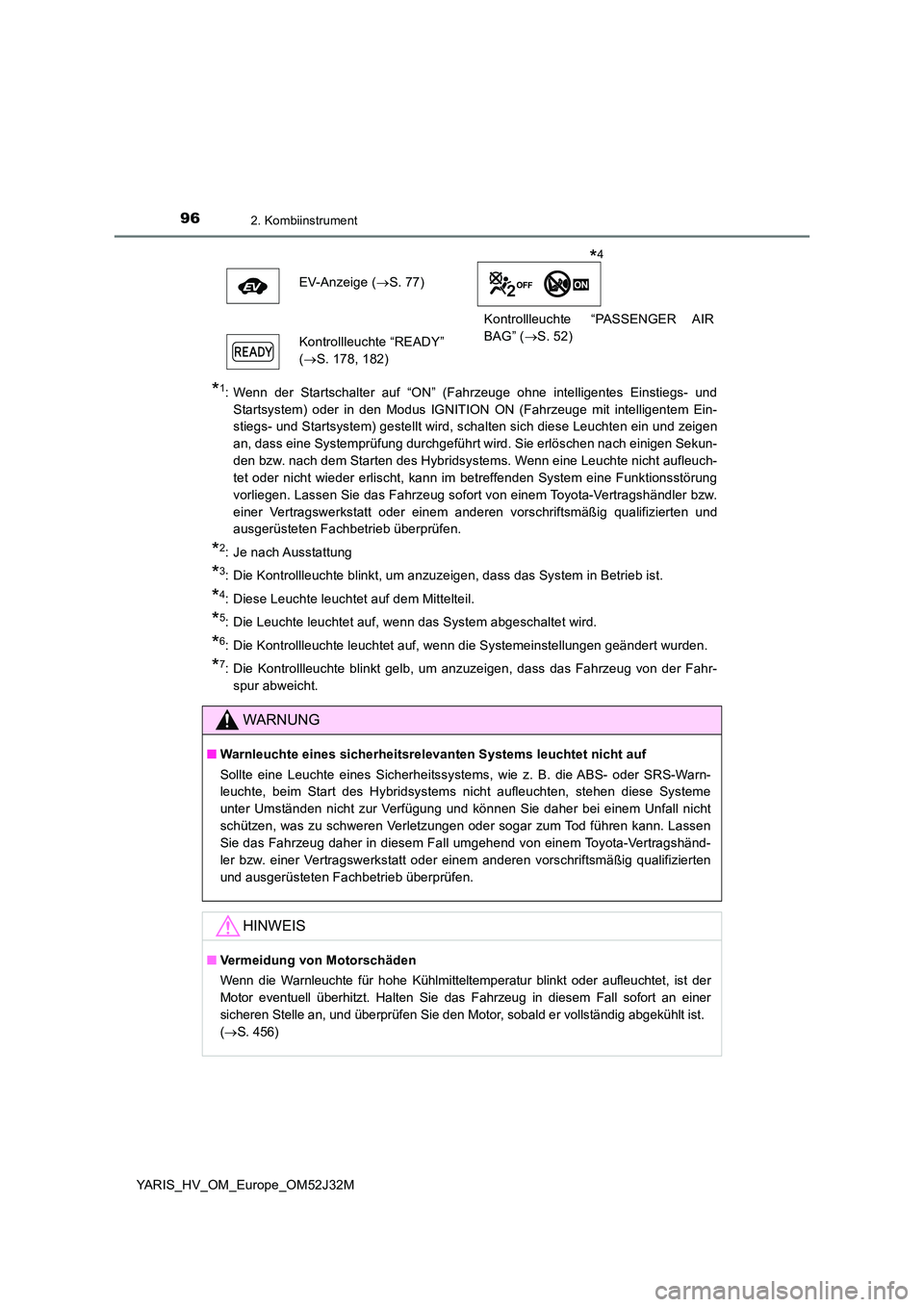 TOYOTA YARIS HYBRID 2017 Betriebsanleitungen (in German) 962. Kombiinstrument
YARIS_HV_OM_Europe_OM52J32M
*1: Wenn der Startschalter auf “ON” (Fahrzeuge ohne intelligentes Einstiegs- und
Startsystem) oder in den Modus IGNITION ON (Fahrzeuge mit intelli TOYOTA YARIS HYBRID 2017 Betriebsanleitungen (in German) 962. Kombiinstrument
YARIS_HV_OM_Europe_OM52J32M
*1: Wenn der Startschalter auf “ON” (Fahrzeuge ohne intelligentes Einstiegs- und
Startsystem) oder in den Modus IGNITION ON (Fahrzeuge mit intelli