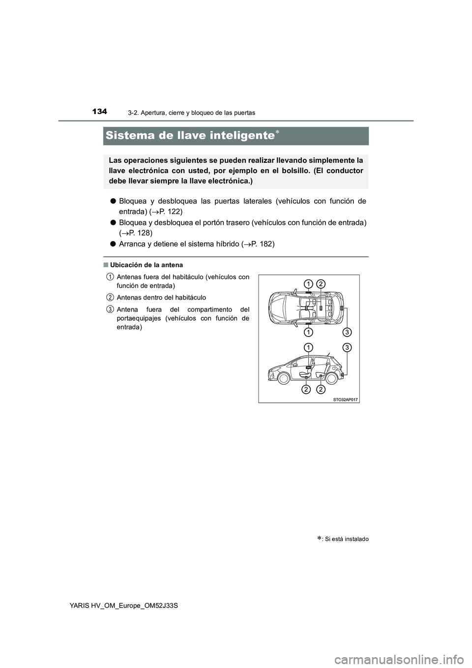 TOYOTA YARIS HYBRID 2017 Manual del propietario (in Spanish) 1343-2. Apertura, cierre y bloqueo de las puertas
YARIS HV_OM_Europe_OM52J33S
Sistema de llave inteligente
●Bloquea y desbloquea las puertas laterales (vehículos con función de
entrada) ( P TOYOTA YARIS HYBRID 2017 Manual del propietario (in Spanish) 1343-2. Apertura, cierre y bloqueo de las puertas
YARIS HV_OM_Europe_OM52J33S
Sistema de llave inteligente
●Bloquea y desbloquea las puertas laterales (vehículos con función de
entrada) ( P