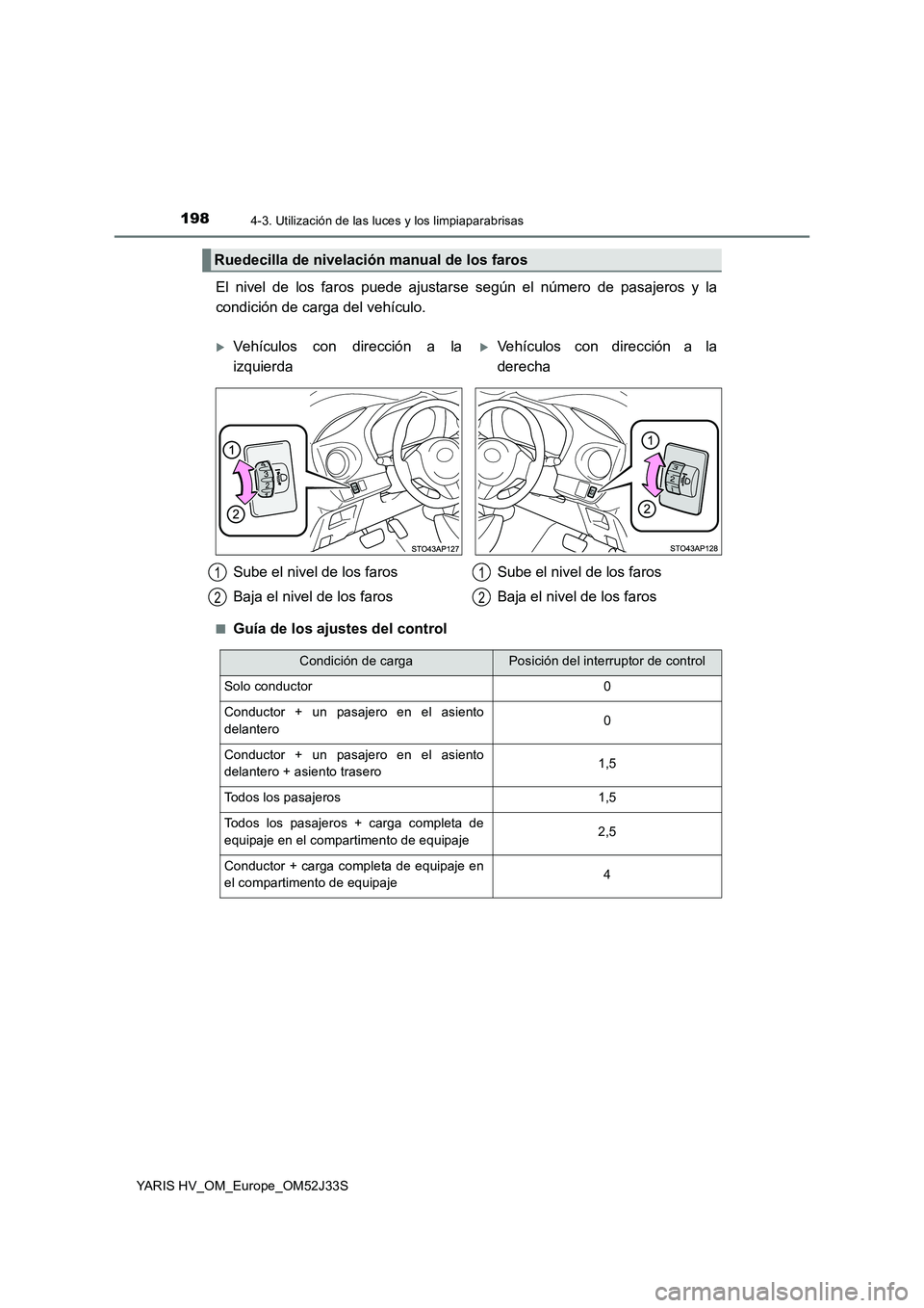 TOYOTA YARIS HYBRID 2017 Manual del propietario (in Spanish) 1984-3. Utilización de las luces y los limpiaparabrisas
YARIS HV_OM_Europe_OM52J33S
El nivel de los faros puede ajustarse según el número de pasajeros y la
condición de carga del vehículo.
■Gu TOYOTA YARIS HYBRID 2017 Manual del propietario (in Spanish) 1984-3. Utilización de las luces y los limpiaparabrisas
YARIS HV_OM_Europe_OM52J33S
El nivel de los faros puede ajustarse según el número de pasajeros y la
condición de carga del vehículo.
■Gu