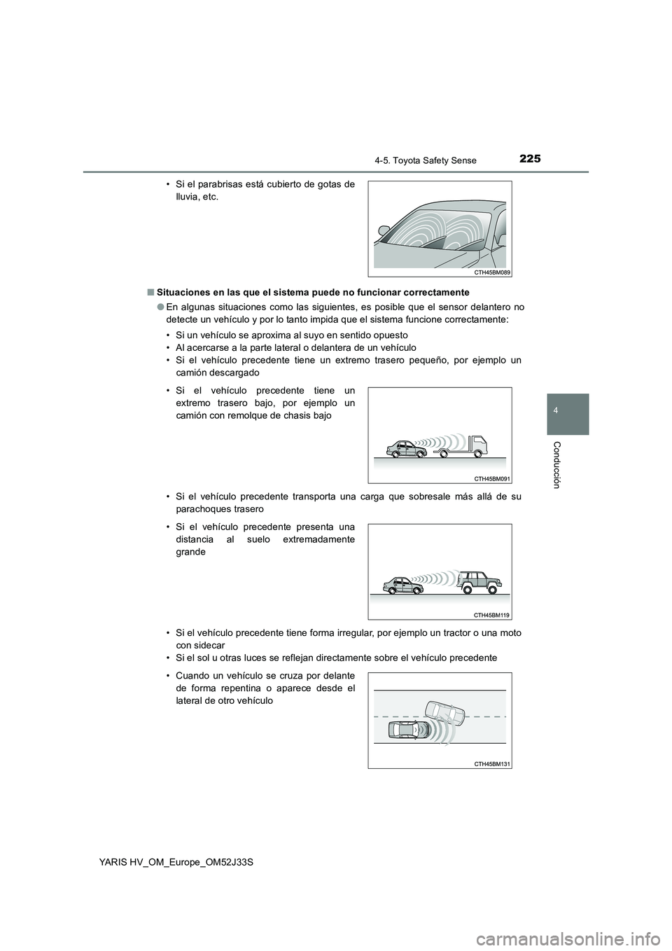 TOYOTA YARIS HYBRID 2017 Manual del propietario (in Spanish) 2254-5. Toyota Safety Sense
4
Conducción
YARIS HV_OM_Europe_OM52J33S
■ Situaciones en las que el sistema puede no funcionar correctamente
● En algunas situaciones como las siguientes, es posibl TOYOTA YARIS HYBRID 2017 Manual del propietario (in Spanish) 2254-5. Toyota Safety Sense
4
Conducción
YARIS HV_OM_Europe_OM52J33S
■ Situaciones en las que el sistema puede no funcionar correctamente
● En algunas situaciones como las siguientes, es posibl
