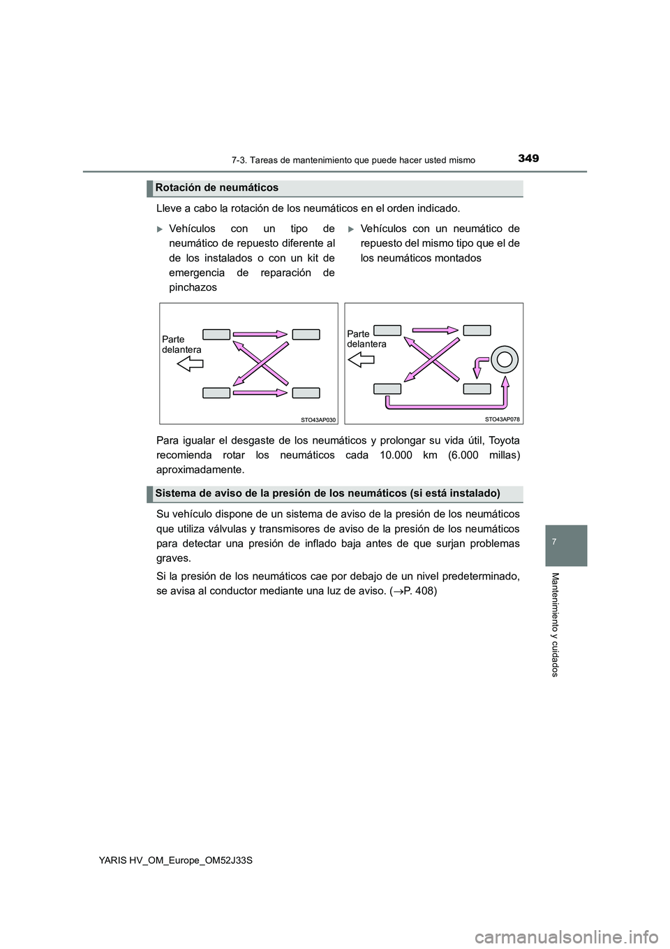 TOYOTA YARIS HYBRID 2017  Manual del propietario (in Spanish) 3497-3. Tareas de mantenimiento que puede hacer usted mismo
7
Mantenimiento y cuidados
YARIS HV_OM_Europe_OM52J33S
Lleve a cabo la rotación de los neumáticos en el orden indicado. 
Para igualar el d