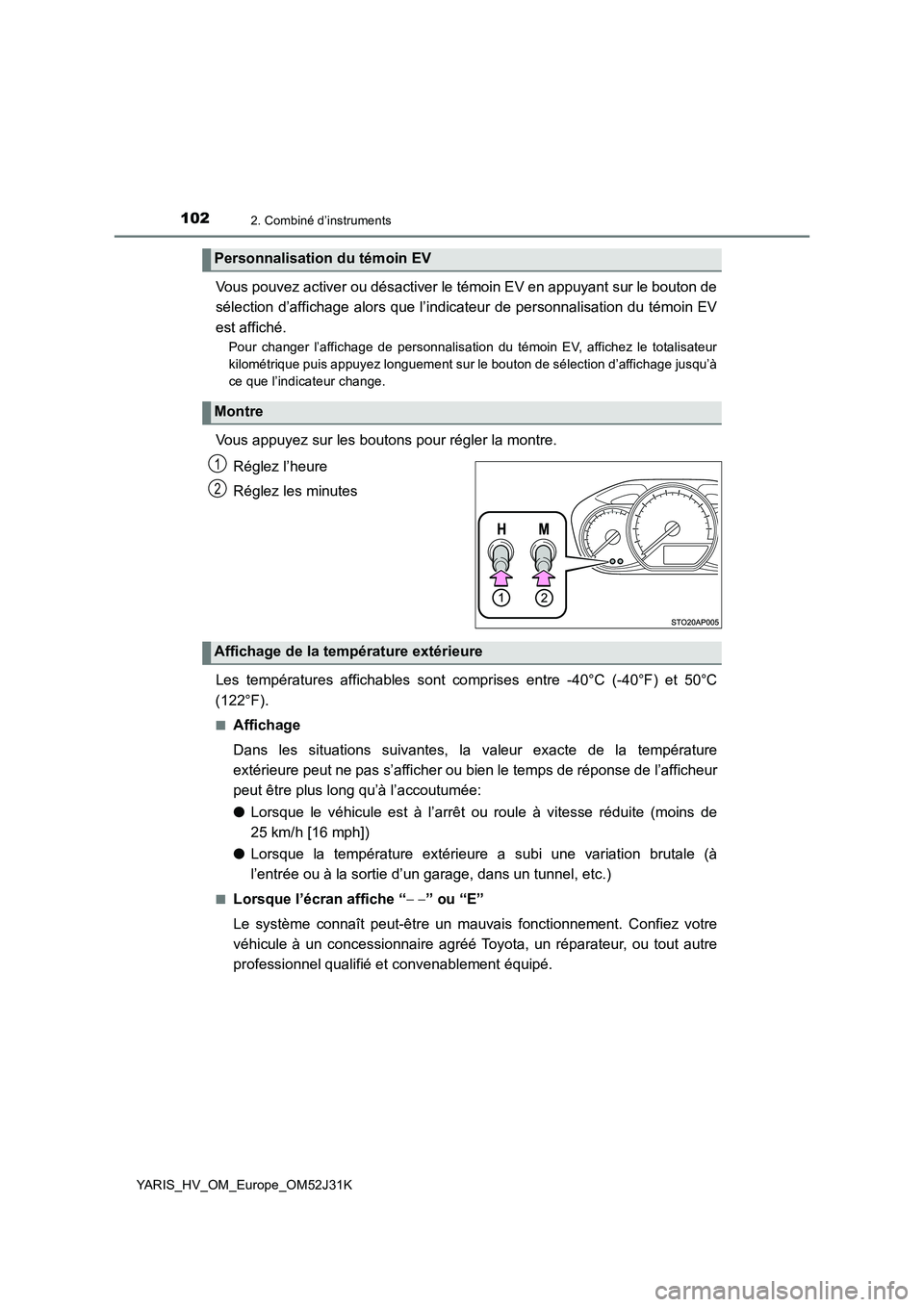 TOYOTA YARIS HYBRID 2017  Manuel du propriétaire (in French) 1022. Combiné d’instruments
YARIS_HV_OM_Europe_OM52J31K
Vous pouvez activer ou désactiver le témoin EV en appuyant sur le bouton de 
sélection d’affichage alors que l’indicateur de personnal