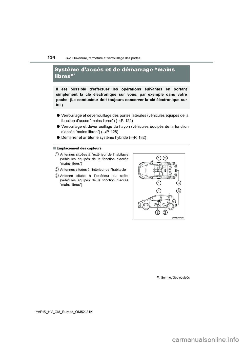 TOYOTA YARIS HYBRID 2017  Manuel du propriétaire (in French) 1343-2. Ouverture, fermeture et verrouillage des portes
YARIS_HV_OM_Europe_OM52J31K
Système d’accès et de démarrage “mains  
libres”
● Verrouillage et déverrouillage des portes latéral