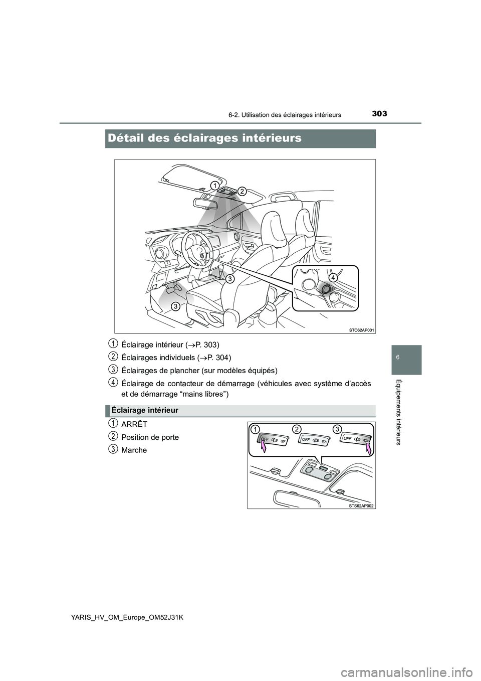 TOYOTA YARIS HYBRID 2017 Manuel du propriétaire (in French) 3036-2. Utilisation des éclairages intérieurs
6
Équipements intérieurs
YARIS_HV_OM_Europe_OM52J31K
Détail des éclairages intérieurs
ARRÊT
Position de porte
Marche
Éclairage intérieur ( TOYOTA YARIS HYBRID 2017 Manuel du propriétaire (in French) 3036-2. Utilisation des éclairages intérieurs
6
Équipements intérieurs
YARIS_HV_OM_Europe_OM52J31K
Détail des éclairages intérieurs
ARRÊT
Position de porte
Marche
Éclairage intérieur ( 