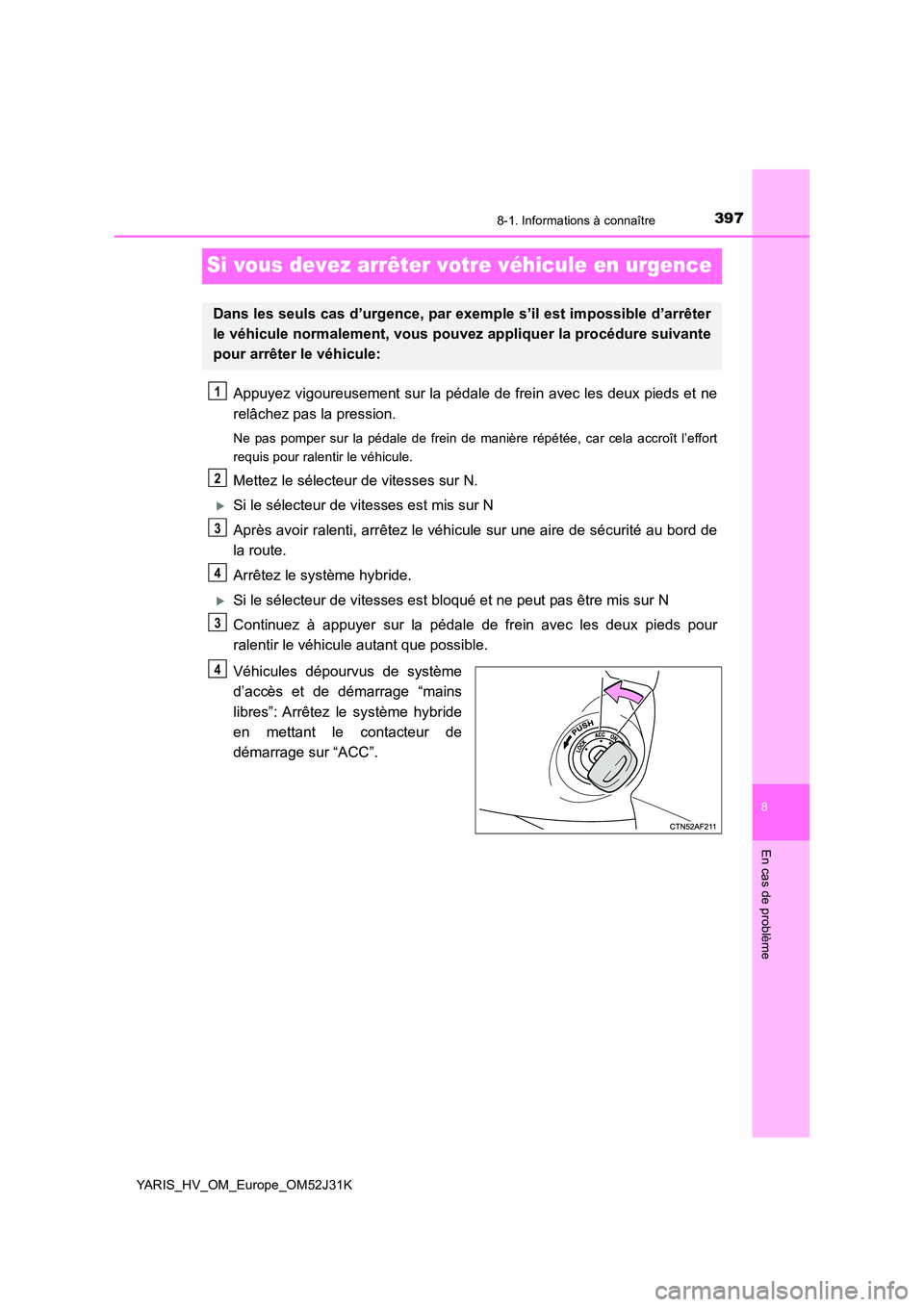 TOYOTA YARIS HYBRID 2017  Manuel du propriétaire (in French) 3978-1. Informations à connaître
8
En cas de problème
YARIS_HV_OM_Europe_OM52J31K
Si vous devez arrêter votre véhicule en urgence
Appuyez vigoureusement sur la pédale de frein avec les deux pied