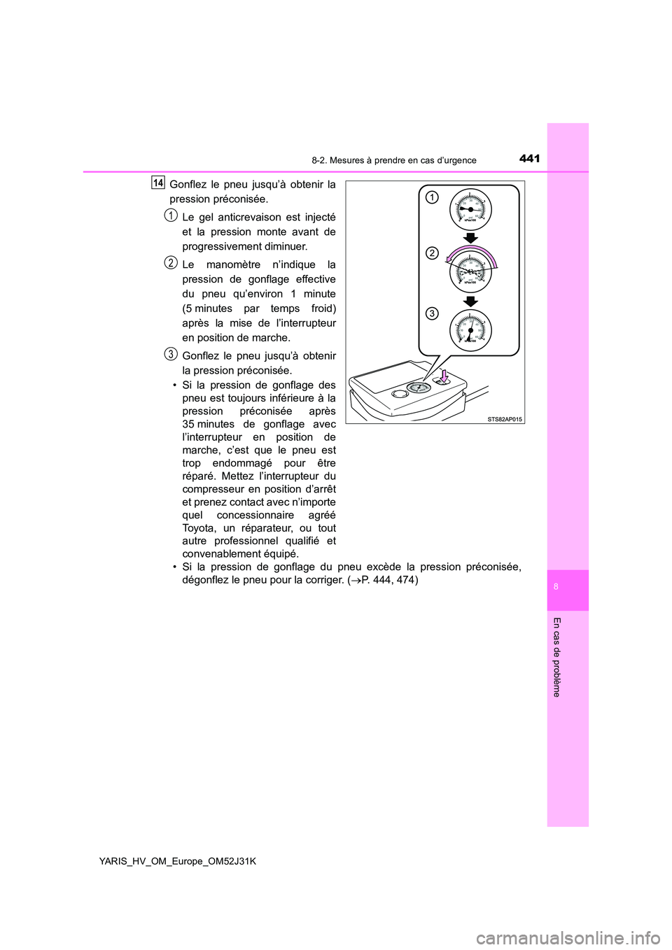 TOYOTA YARIS HYBRID 2017  Manuel du propriétaire (in French) 4418-2. Mesures à prendre en cas d’urgence
8
En cas de problème
YARIS_HV_OM_Europe_OM52J31K
Gonflez le pneu jusqu’à obtenir la 
pression préconisée. 
Le gel anticrevaison est injecté 
et la 