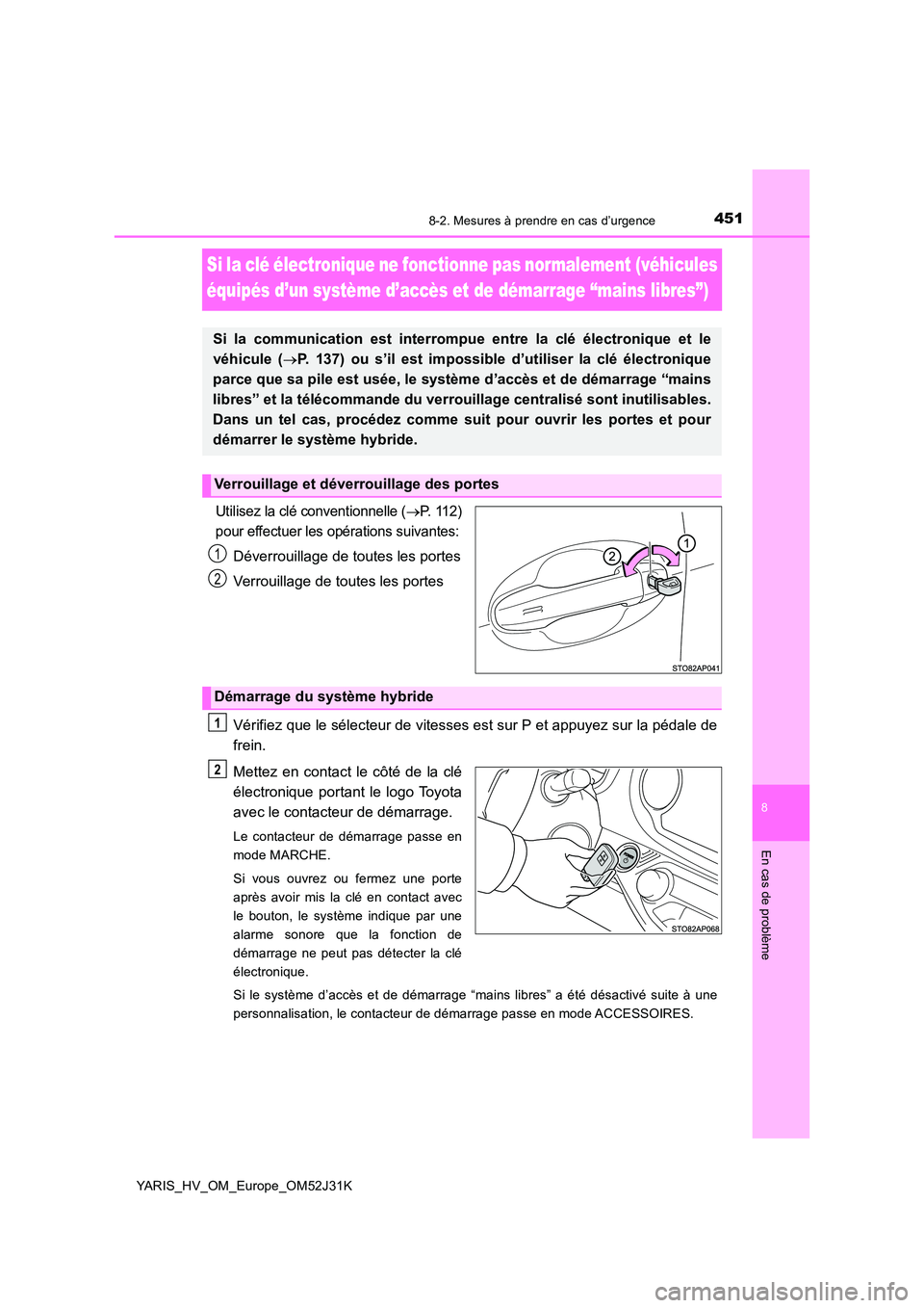 TOYOTA YARIS HYBRID 2017 Manuel du propriétaire (in French) 4518-2. Mesures à prendre en cas d’urgence
8
En cas de problème
YARIS_HV_OM_Europe_OM52J31K
Si la clé électronique ne fonctionne pas normalement (véhicules
équipés d’un système d’accè TOYOTA YARIS HYBRID 2017 Manuel du propriétaire (in French) 4518-2. Mesures à prendre en cas d’urgence
8
En cas de problème
YARIS_HV_OM_Europe_OM52J31K
Si la clé électronique ne fonctionne pas normalement (véhicules
équipés d’un système d’accè
