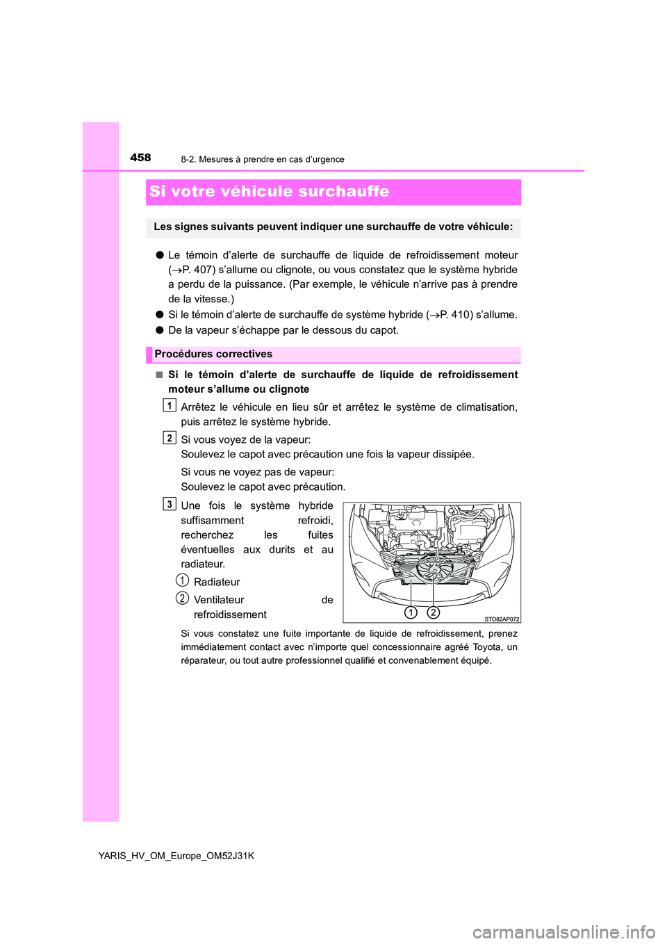 TOYOTA YARIS HYBRID 2017 Manuel du propriétaire (in French) 4588-2. Mesures à prendre en cas d’urgence
YARIS_HV_OM_Europe_OM52J31K
Si votre véhicule surchauffe
●Le témoin d’alerte de surchauffe de liquide de refroidissement moteur
( P. 407) s’al TOYOTA YARIS HYBRID 2017 Manuel du propriétaire (in French) 4588-2. Mesures à prendre en cas d’urgence
YARIS_HV_OM_Europe_OM52J31K
Si votre véhicule surchauffe
●Le témoin d’alerte de surchauffe de liquide de refroidissement moteur
( P. 407) s’al