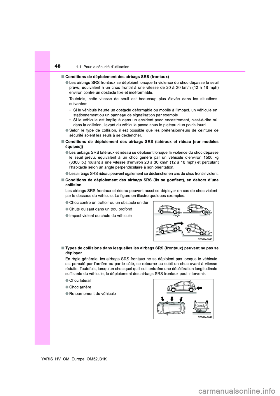 TOYOTA YARIS HYBRID 2017  Manuel du propriétaire (in French) 481-1. Pour la sécurité d’utilisation
YARIS_HV_OM_Europe_OM52J31K 
■ Conditions de déploiement des airbags SRS (frontaux) 
● Les airbags SRS frontaux se déploient lorsque la violence du choc