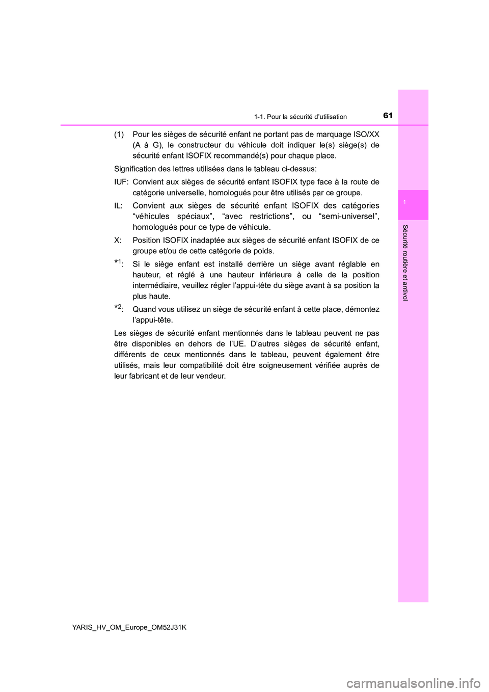 TOYOTA YARIS HYBRID 2017  Manuel du propriétaire (in French) 611-1. Pour la sécurité d’utilisation
1
Sécurité routière et antivol
YARIS_HV_OM_Europe_OM52J31K
(1) Pour les sièges de sécurité enfant ne portant pas de marquage ISO/XX 
(A à G), le constr