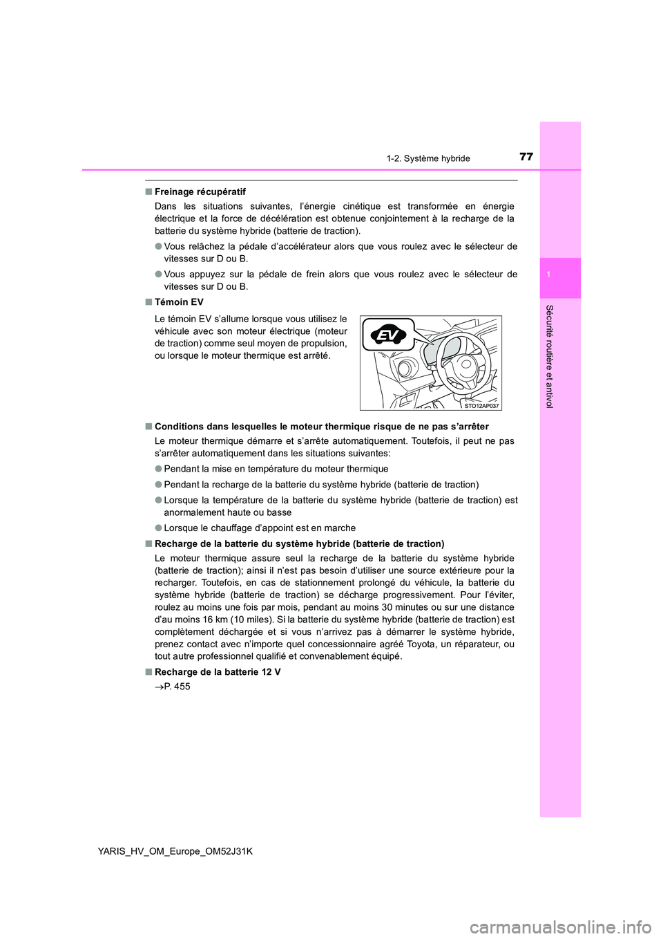 TOYOTA YARIS HYBRID 2017  Manuel du propriétaire (in French) 771-2. Système hybride
1
Sécurité routière et antivol
YARIS_HV_OM_Europe_OM52J31K
■Freinage récupératif 
Dans les situations suivantes, l’énergie cinétique est transformée en énergie 
é