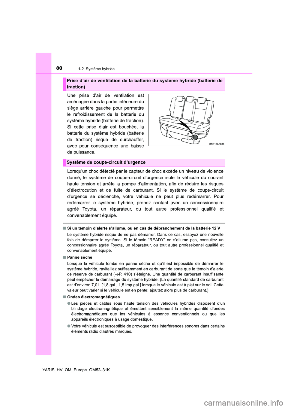 TOYOTA YARIS HYBRID 2017  Manuel du propriétaire (in French) 801-2. Système hybride
YARIS_HV_OM_Europe_OM52J31K
Une prise d’air de ventilation est 
aménagée dans la partie inférieure du 
siège arrière gauche pour permettre 
le refroidissement de la batt