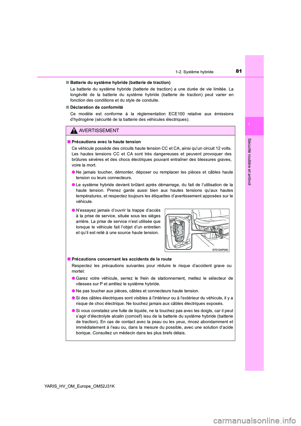 TOYOTA YARIS HYBRID 2017  Manuel du propriétaire (in French) 811-2. Système hybride
1
Sécurité routière et antivol
YARIS_HV_OM_Europe_OM52J31K 
■ Batterie du système hybride (batterie de traction) 
La batterie du système hybride (batterie de traction) a
