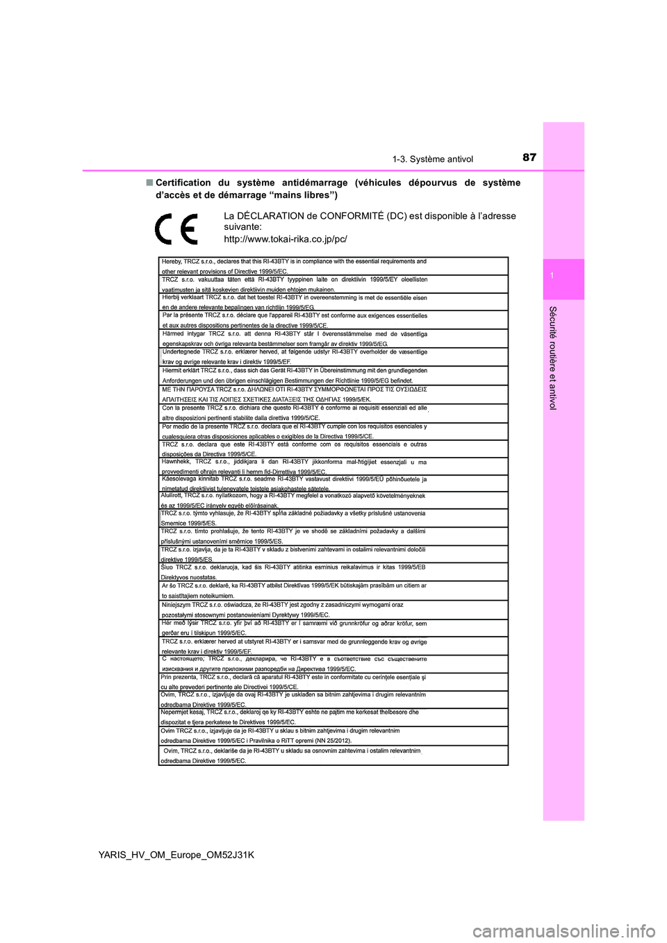TOYOTA YARIS HYBRID 2017  Manuel du propriétaire (in French) 871-3. Système antivol
1
Sécurité routière et antivol
YARIS_HV_OM_Europe_OM52J31K 
■ Certification du système antidémarrage (véhicules dépourvus de système 
d’accès et de démarrage “m