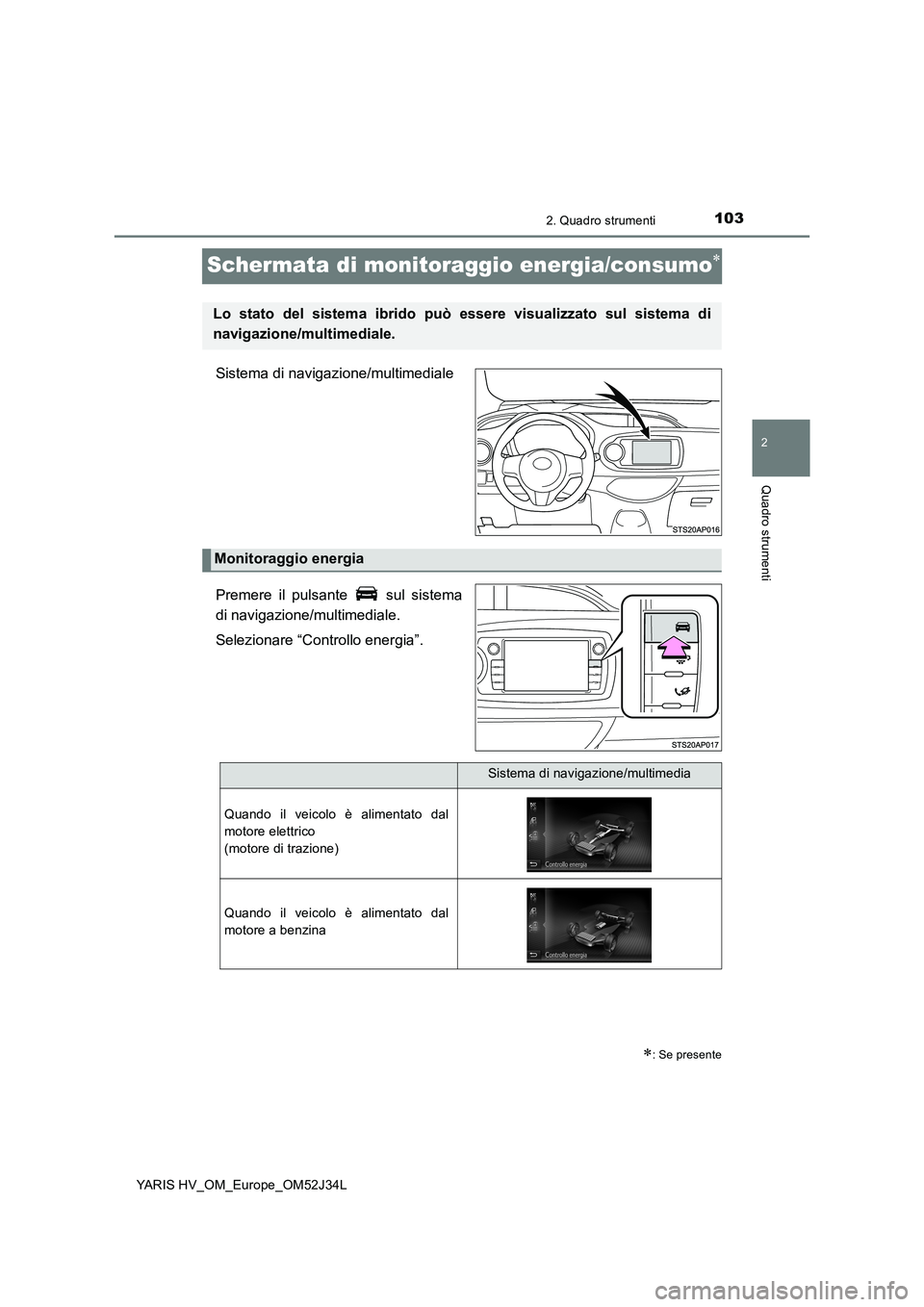 TOYOTA YARIS HYBRID 2017 Manuale duso (in Italian) 103
2
2. Quadro strumenti
Quadro strumenti
YARIS HV_OM_Europe_OM52J34L
Schermata di monitoraggio energia/consumo
Sistema di navigazione/multimediale
Premere il pulsante sul sistema
di navigazio TOYOTA YARIS HYBRID 2017 Manuale duso (in Italian) 103
2
2. Quadro strumenti
Quadro strumenti
YARIS HV_OM_Europe_OM52J34L
Schermata di monitoraggio energia/consumo
Sistema di navigazione/multimediale
Premere il pulsante sul sistema
di navigazio