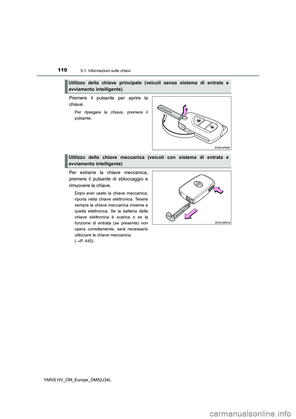 TOYOTA YARIS HYBRID 2017 Manuale duso (in Italian) 1103-1. Informazioni sulle chiavi
YARIS HV_OM_Europe_OM52J34L
Premere il pulsante per aprire la
chiave.
Per ripiegare la chiave, premere il
pulsante.
Per estrarre la chiave meccanica,
premere il pu TOYOTA YARIS HYBRID 2017 Manuale duso (in Italian) 1103-1. Informazioni sulle chiavi
YARIS HV_OM_Europe_OM52J34L
Premere il pulsante per aprire la
chiave.
Per ripiegare la chiave, premere il
pulsante.
Per estrarre la chiave meccanica,
premere il pu