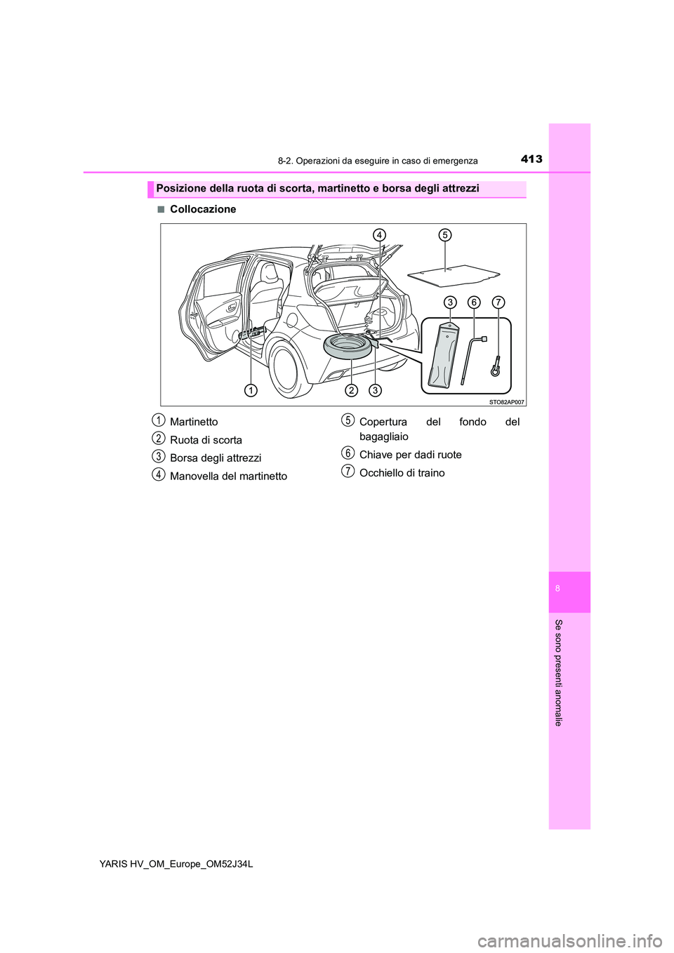 TOYOTA YARIS HYBRID 2017 Manuale duso (in Italian) 4138-2. Operazioni da eseguire in caso di emergenza
8
Se sono presenti anomalie
YARIS HV_OM_Europe_OM52J34L
■Collocazione
Posizione della ruota di scorta, martinetto e borsa degli attrezzi
Martinet TOYOTA YARIS HYBRID 2017 Manuale duso (in Italian) 4138-2. Operazioni da eseguire in caso di emergenza
8
Se sono presenti anomalie
YARIS HV_OM_Europe_OM52J34L
■Collocazione
Posizione della ruota di scorta, martinetto e borsa degli attrezzi
Martinet