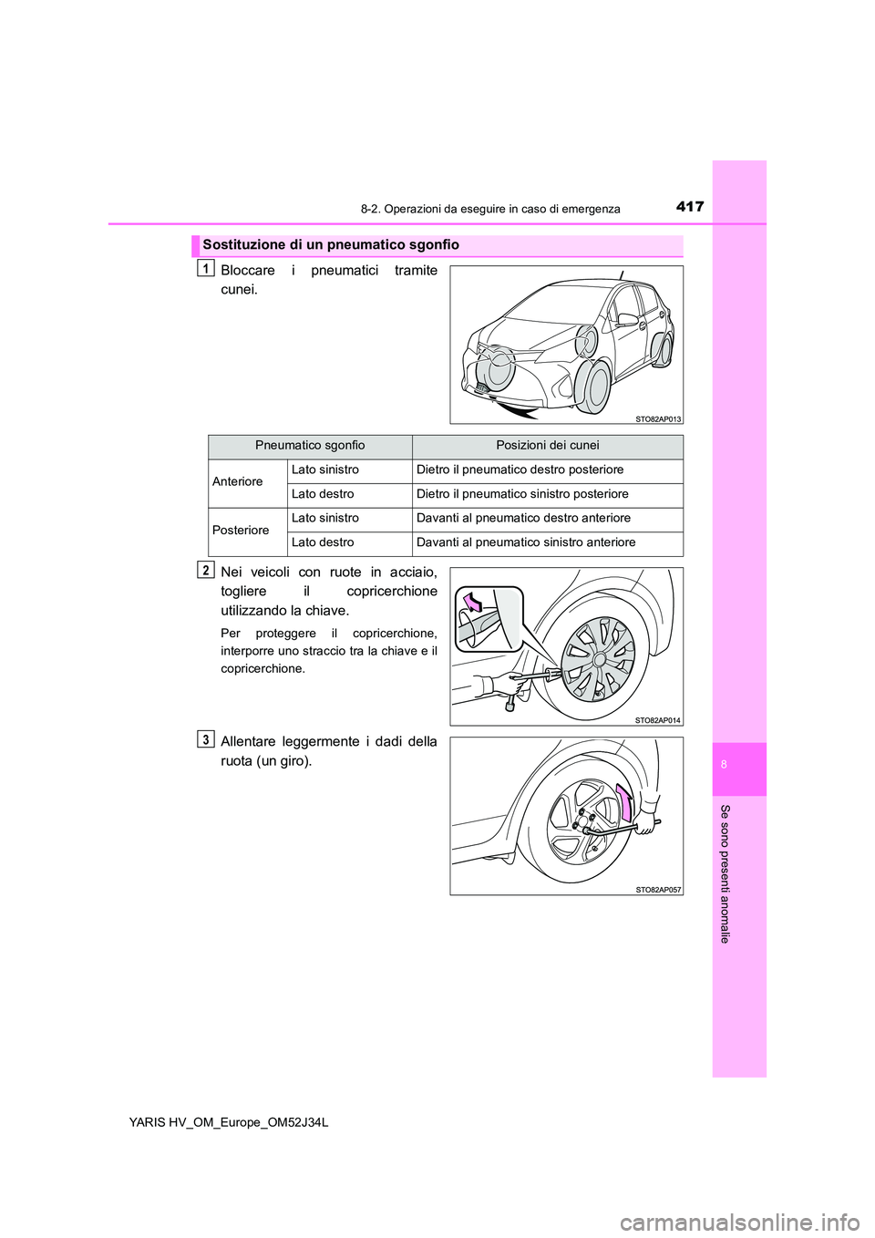 TOYOTA YARIS HYBRID 2017 Manuale duso (in Italian) 4178-2. Operazioni da eseguire in caso di emergenza
8
Se sono presenti anomalie
YARIS HV_OM_Europe_OM52J34L
Bloccare i pneumatici tramite
cunei.
Nei veicoli con ruote in acciaio,
togliere il copric TOYOTA YARIS HYBRID 2017 Manuale duso (in Italian) 4178-2. Operazioni da eseguire in caso di emergenza
8
Se sono presenti anomalie
YARIS HV_OM_Europe_OM52J34L
Bloccare i pneumatici tramite
cunei.
Nei veicoli con ruote in acciaio,
togliere il copric