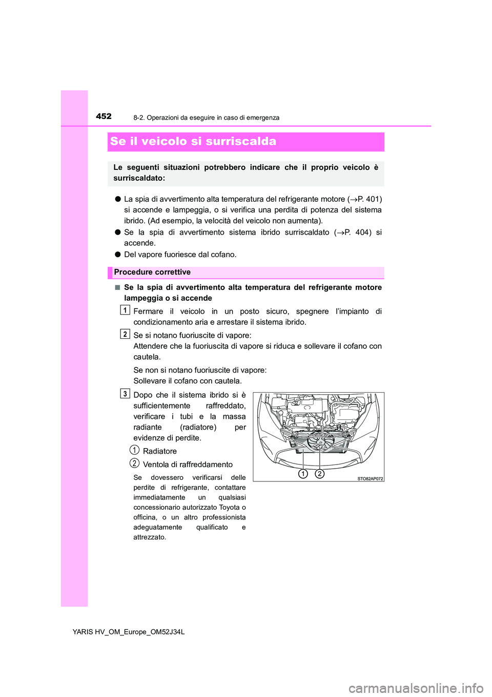 TOYOTA YARIS HYBRID 2017 Manuale duso (in Italian) 4528-2. Operazioni da eseguire in caso di emergenza
YARIS HV_OM_Europe_OM52J34L
Se il veicolo si surriscalda
●La spia di avvertimento alta temperatura del refrigerante motore (P. 401)
si accende TOYOTA YARIS HYBRID 2017 Manuale duso (in Italian) 4528-2. Operazioni da eseguire in caso di emergenza
YARIS HV_OM_Europe_OM52J34L
Se il veicolo si surriscalda
●La spia di avvertimento alta temperatura del refrigerante motore (P. 401)
si accende