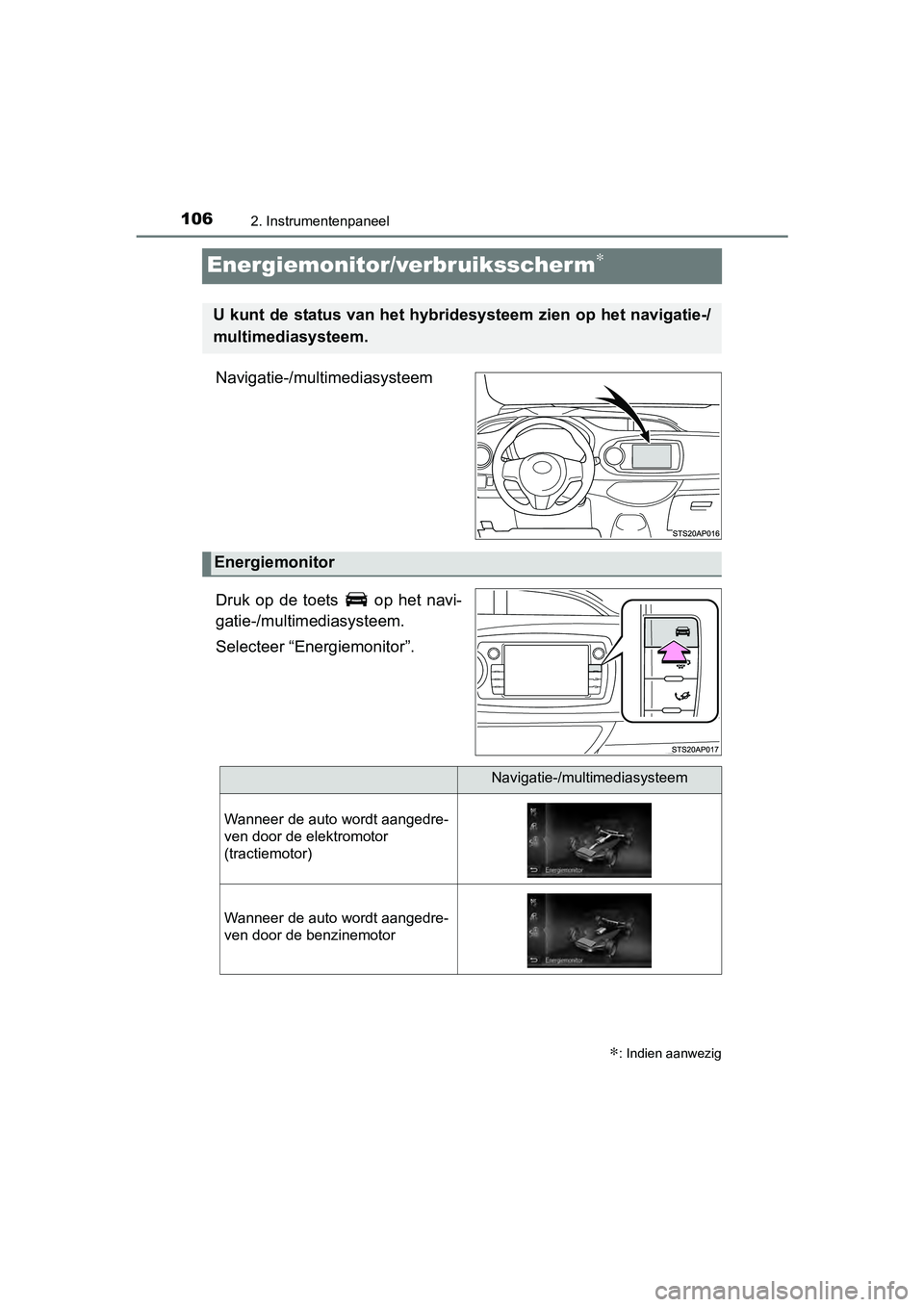 TOYOTA YARIS HYBRID 2017  Instructieboekje (in Dutch) 1062. Instrumentenpaneel
YARIS_HV_OM_Europe_OM52J30E
Energiemonitor/verbruiksscherm∗
Navigatie-/multimediasysteem
Druk  op  de  toets    op  het  navi-
gatie-/multimediasysteem.
Selecteer “Energie