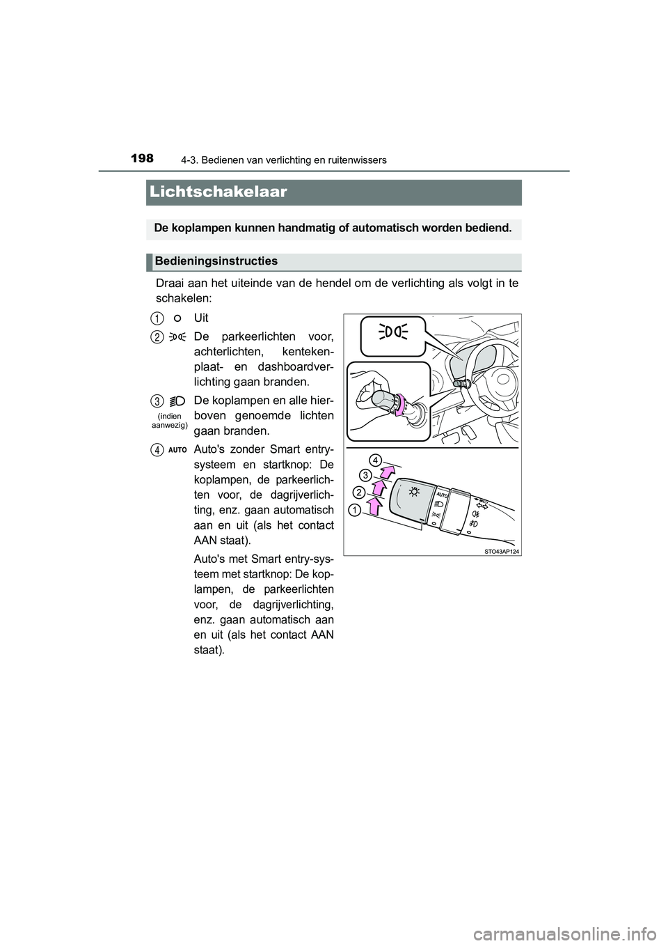 TOYOTA YARIS HYBRID 2017 Instructieboekje (in Dutch) 1984-3. Bedienen van verlichting en ruitenwissers
YARIS_HV_OM_Europe_OM52J30E
Lichtschakelaar
Draai aan het uiteinde van de hendel om de verlichting als volgt in te
schakelen:
Uit
De parkeerlichten TOYOTA YARIS HYBRID 2017 Instructieboekje (in Dutch) 1984-3. Bedienen van verlichting en ruitenwissers
YARIS_HV_OM_Europe_OM52J30E
Lichtschakelaar
Draai aan het uiteinde van de hendel om de verlichting als volgt in te
schakelen:
Uit
De parkeerlichten