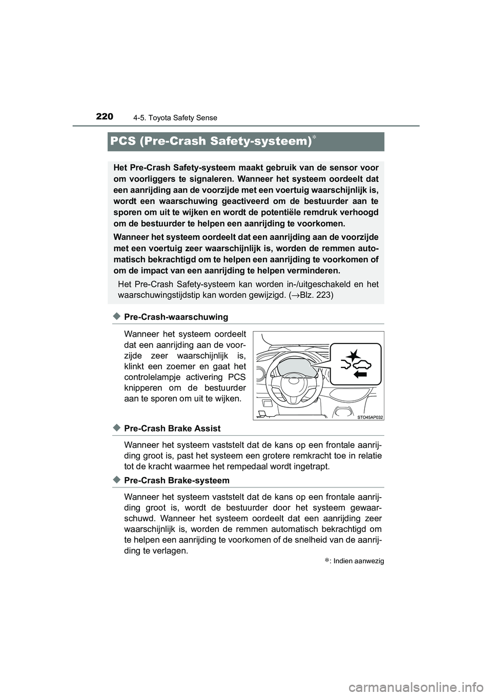 TOYOTA YARIS HYBRID 2017 Instructieboekje (in Dutch) 2204-5. Toyota Safety Sense
YARIS_HV_OM_Europe_OM52J30E
PCS (Pre-Crash Safety-systeem)∗
◆Pre-Crash-waarschuwing
Wanneer het systeem oordeelt
dat een aanrijding aan de voor-
zijde zeer waarsch TOYOTA YARIS HYBRID 2017 Instructieboekje (in Dutch) 2204-5. Toyota Safety Sense
YARIS_HV_OM_Europe_OM52J30E
PCS (Pre-Crash Safety-systeem)∗
◆Pre-Crash-waarschuwing
Wanneer het systeem oordeelt
dat een aanrijding aan de voor-
zijde zeer waarsch