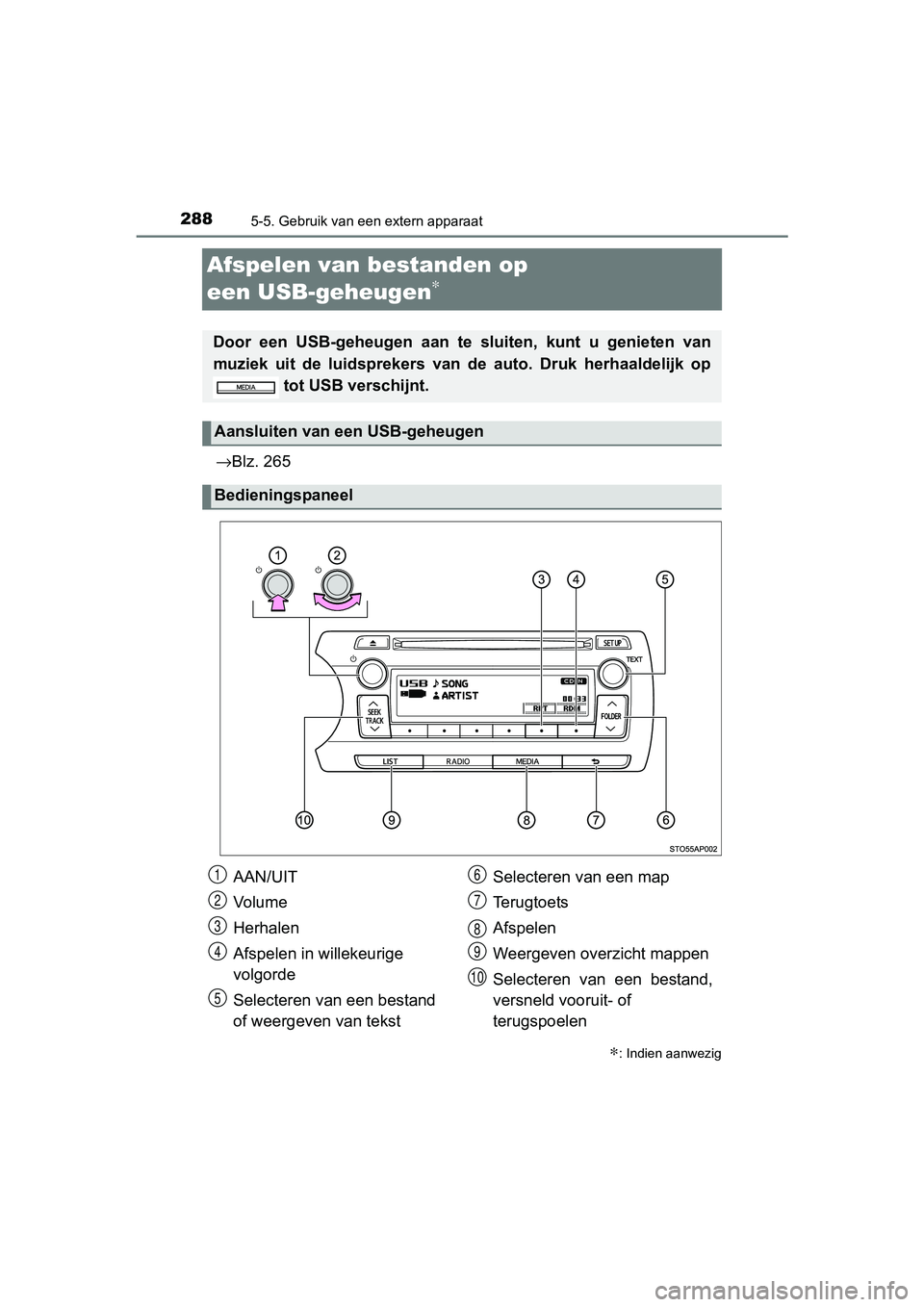 TOYOTA YARIS HYBRID 2017  Instructieboekje (in Dutch) 2885-5. Gebruik van een extern apparaat
YARIS_HV_OM_Europe_OM52J30E
Afspelen van bestanden op 
een USB-geheugen
∗
→Blz. 265
∗: Indien aanwezig
Door  een  USB-geheugen  aan  te  sluiten,  kunt  u