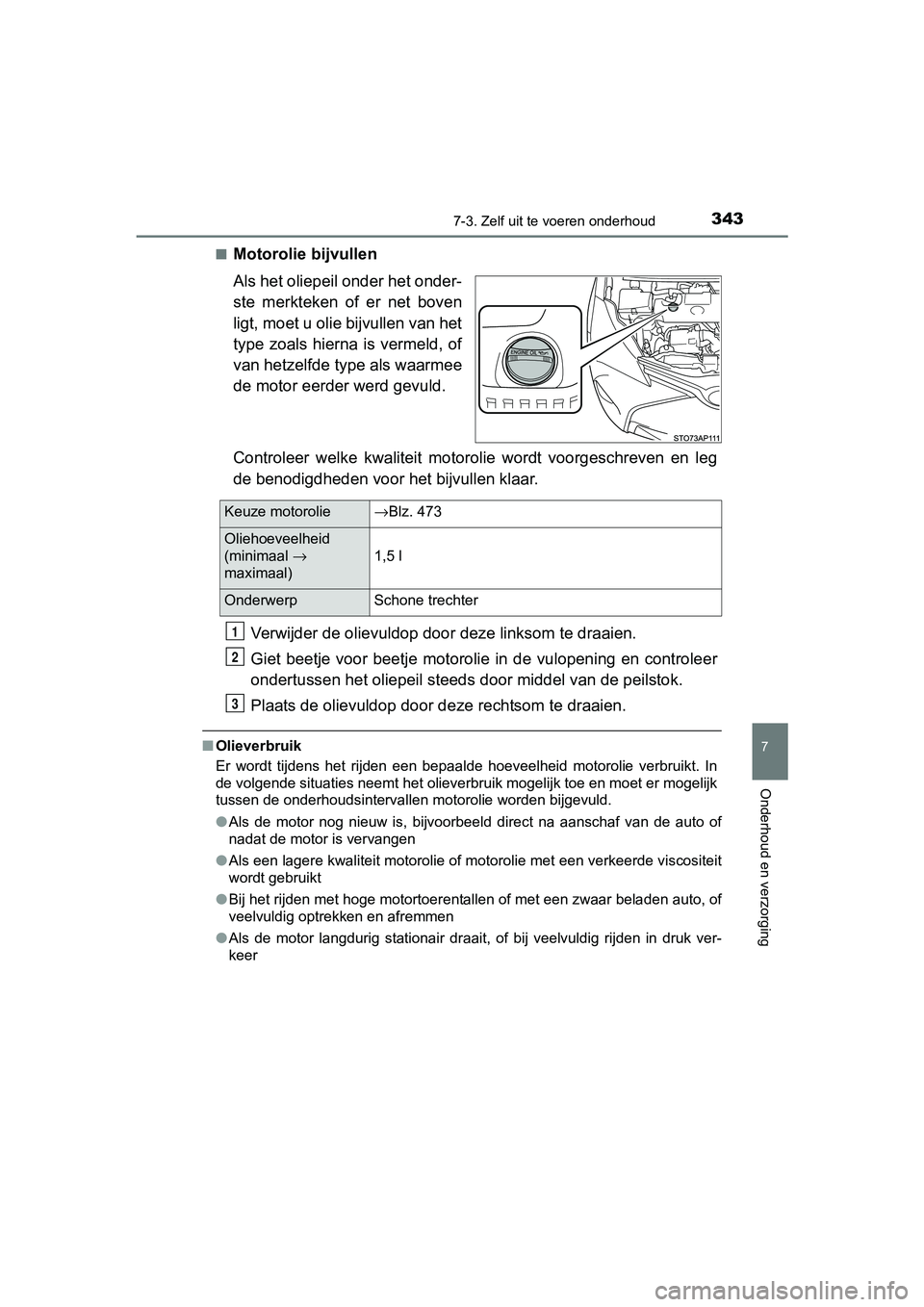 TOYOTA YARIS HYBRID 2017 Instructieboekje (in Dutch) 3437-3. Zelf uit te voeren onderhoud
7
Onderhoud en verzorging
YARIS_HV_OM_Europe_OM52J30E■
Motorolie bijvullen
Als het oliepeil onder het onder-
ste merkteken of er net boven
ligt, moet u olie TOYOTA YARIS HYBRID 2017 Instructieboekje (in Dutch) 3437-3. Zelf uit te voeren onderhoud
7
Onderhoud en verzorging
YARIS_HV_OM_Europe_OM52J30E■
Motorolie bijvullen
Als het oliepeil onder het onder-
ste merkteken of er net boven
ligt, moet u olie
