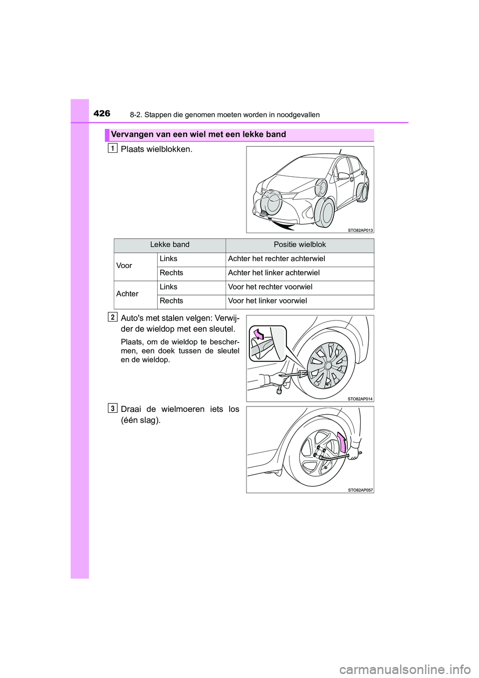TOYOTA YARIS HYBRID 2017 Instructieboekje (in Dutch) 4268-2. Stappen die genomen moeten worden in noodgevallen
YARIS_HV_OM_Europe_OM52J30E
Plaats wielblokken.
Auto's met stalen velgen: Verwij-
der de wieldop met een sleutel.
Plaats, om de wieldop TOYOTA YARIS HYBRID 2017 Instructieboekje (in Dutch) 4268-2. Stappen die genomen moeten worden in noodgevallen
YARIS_HV_OM_Europe_OM52J30E
Plaats wielblokken.
Auto's met stalen velgen: Verwij-
der de wieldop met een sleutel.
Plaats, om de wieldop