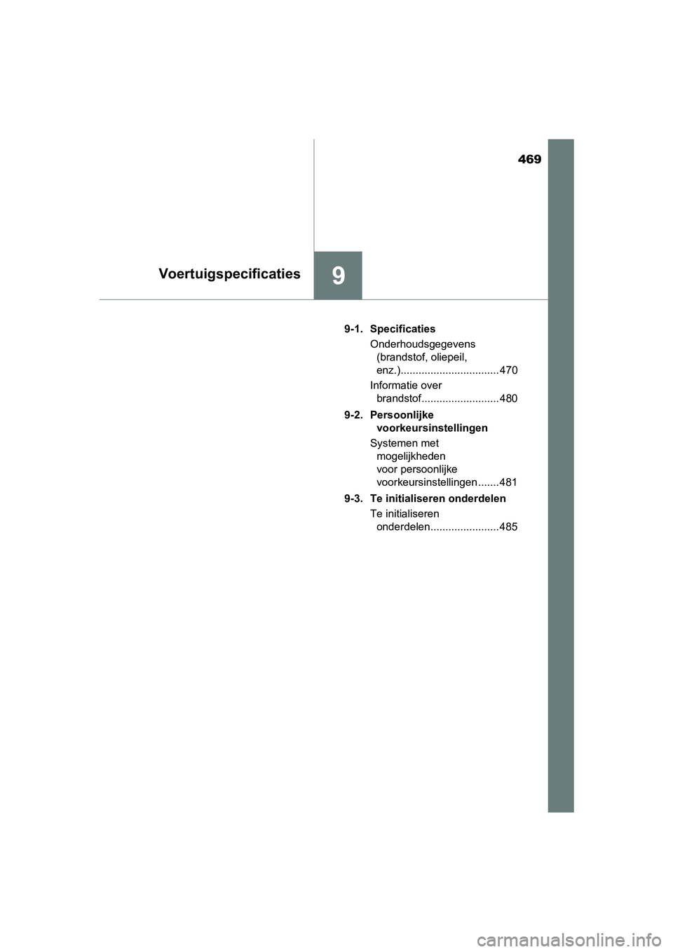 TOYOTA YARIS HYBRID 2017 Instructieboekje (in Dutch) 469
9Voertuigspecificaties
YARIS_HV_OM_Europe_OM52J30E9-1. Specificaties
Onderhoudsgegevens (brandstof, oliepeil,
enz.)................................. 470
Informatie over brandstof................ TOYOTA YARIS HYBRID 2017 Instructieboekje (in Dutch) 469
9Voertuigspecificaties
YARIS_HV_OM_Europe_OM52J30E9-1. Specificaties
Onderhoudsgegevens (brandstof, oliepeil,
enz.)................................. 470
Informatie over brandstof................