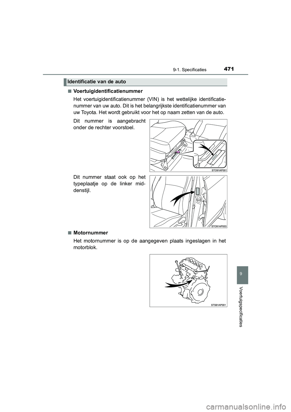 TOYOTA YARIS HYBRID 2017 Instructieboekje (in Dutch) 4719-1. Specificaties
9
Voertuigspecificaties
YARIS_HV_OM_Europe_OM52J30E■
Voertuigidentificatienummer
Het voertuigidentificatienummer (VIN) is het wettelijke identif
icatie-
nummer van uw aut TOYOTA YARIS HYBRID 2017 Instructieboekje (in Dutch) 4719-1. Specificaties
9
Voertuigspecificaties
YARIS_HV_OM_Europe_OM52J30E■
Voertuigidentificatienummer
Het voertuigidentificatienummer (VIN) is het wettelijke identif
icatie-
nummer van uw aut